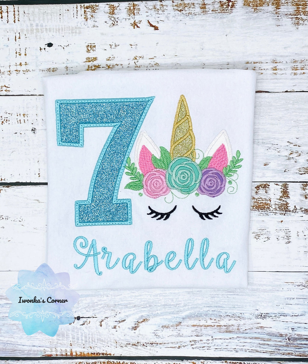 Birthday shirt with sparkly blue unicorn, Unicorn birthday outfit for 7th birthday, Cute unicorn embroidery shirt,