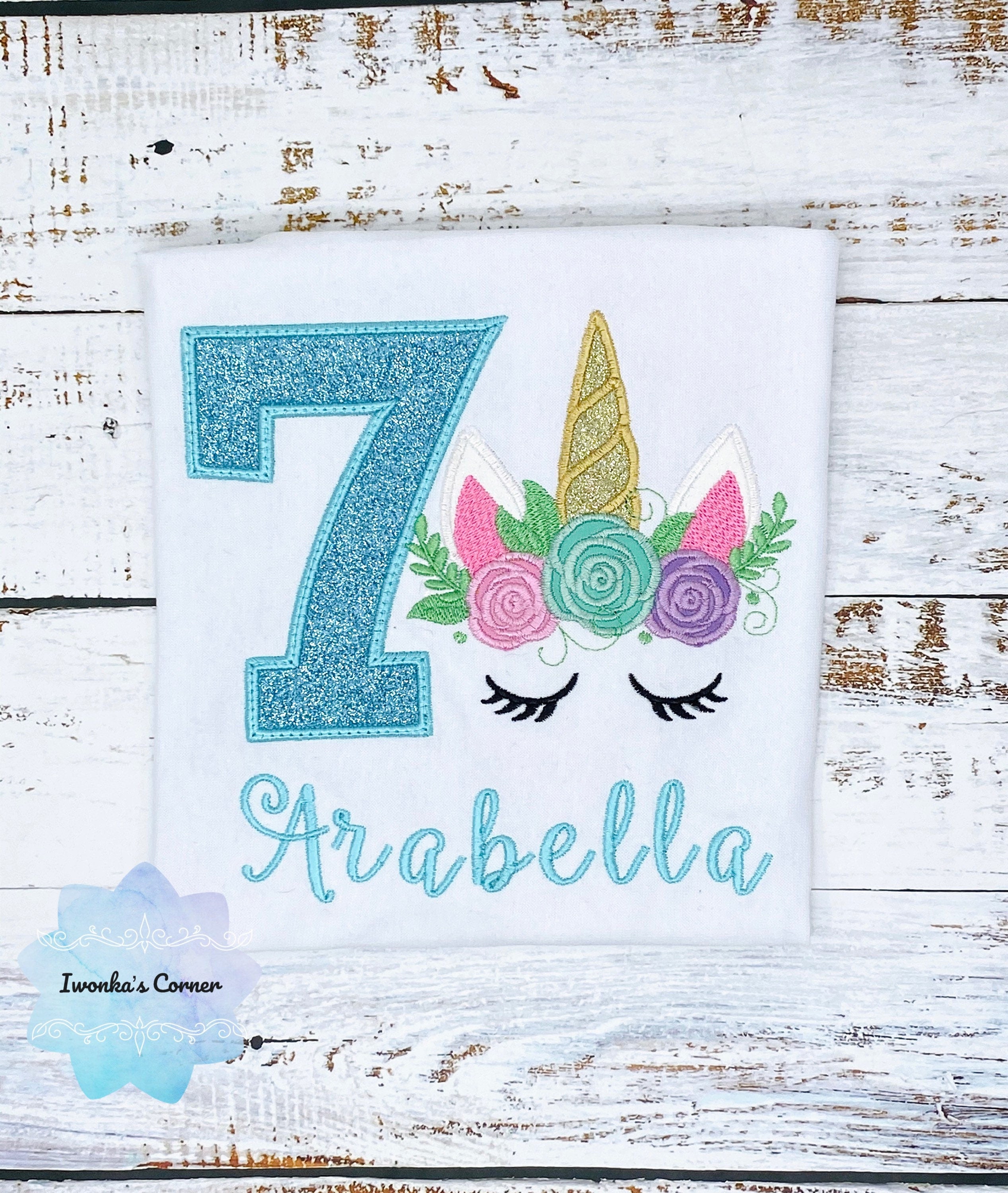 Birthday shirt with sparkly blue unicorn, Unicorn birthday outfit for 7th birthday, Cute unicorn embroidery shirt,