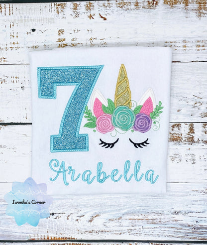 Birthday shirt with sparkly blue unicorn, Unicorn birthday outfit for 7th birthday, Cute unicorn embroidery shirt,