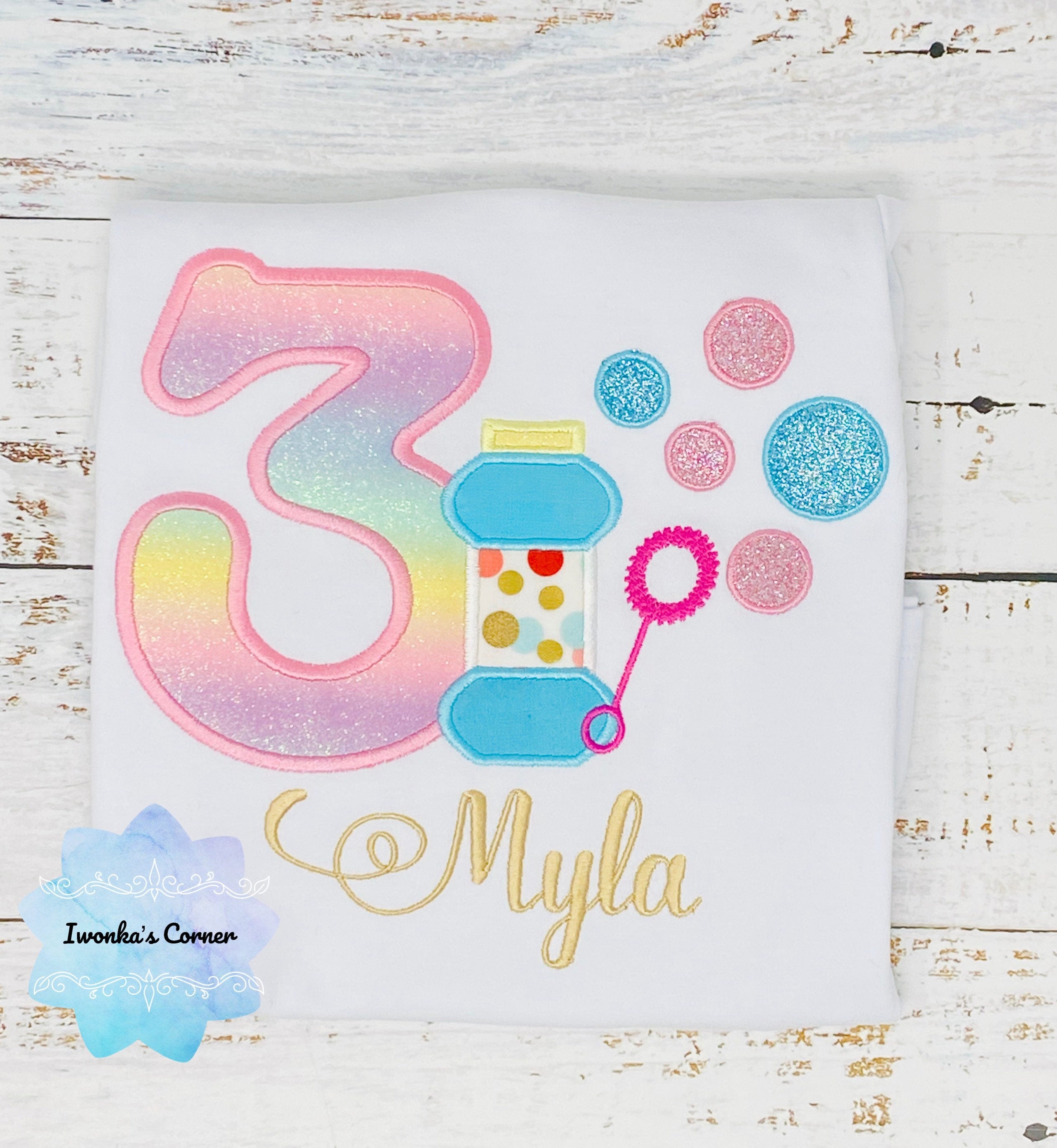 Girls Shirt with Bubbles, Bubble applique, Blowing bubbles bday shirt