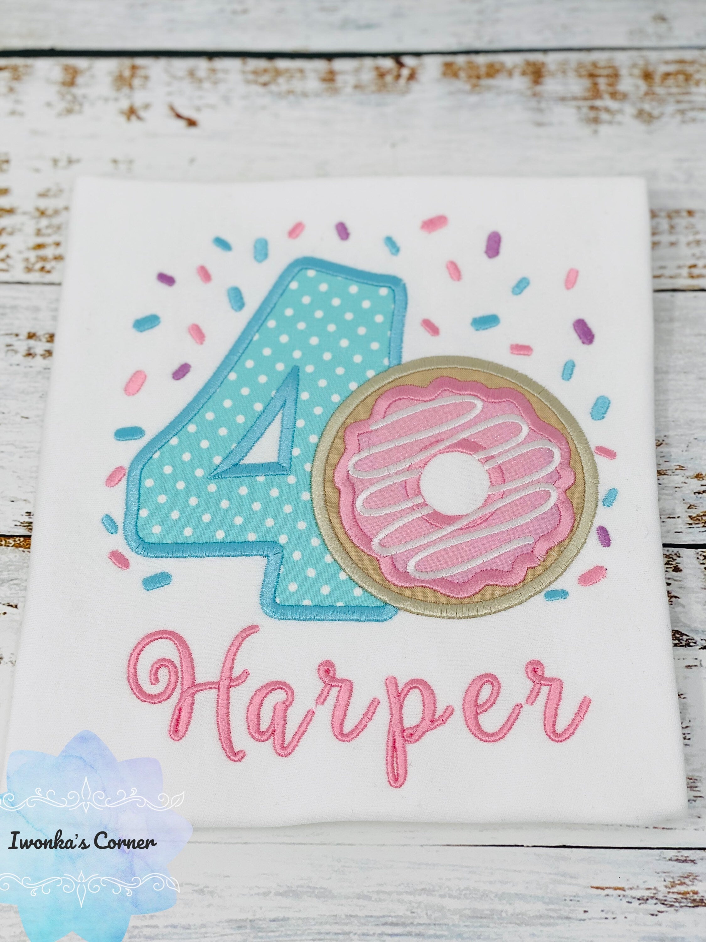 Girl 4th Donut Birthday Shirt With Name, 4th 5th, 6tBirthday Donut Shirt, Birthday Shirt with Donut, Donut Party, Number four Birthday Shirt