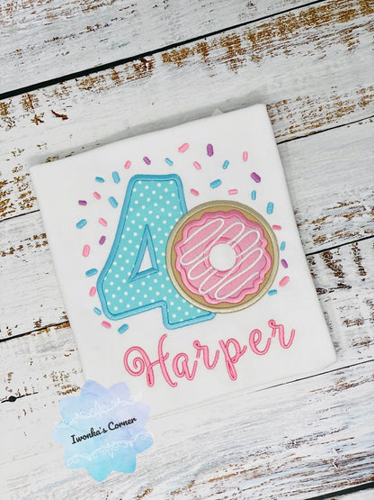 Girl 4th Donut Birthday Shirt With Name, 4th 5th, 6tBirthday Donut Shirt, Birthday Shirt with Donut, Donut Party, Number four Birthday Shirt