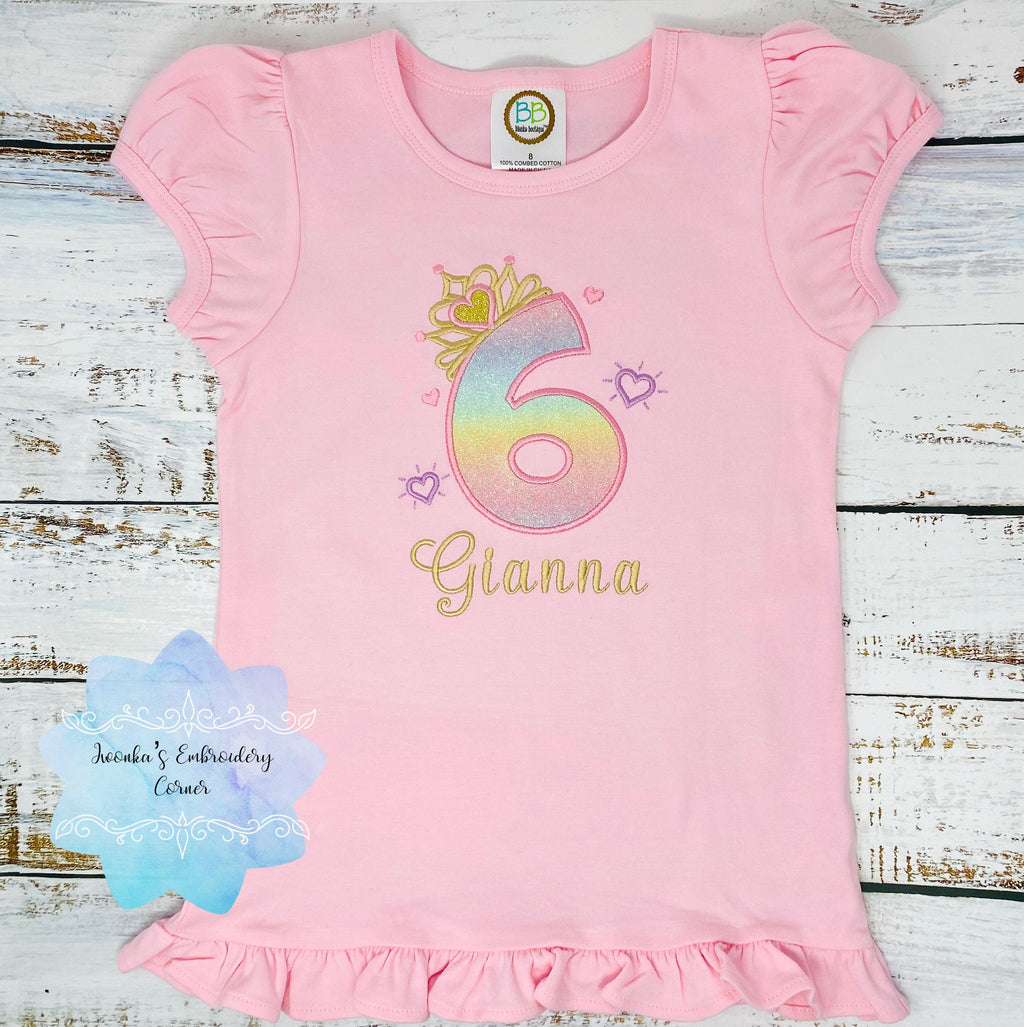 6th Birthday Shirt for Girl, Princess Birthday Shirt, Number with Crown Birthday Shirt, Girls 6th Birthday Shirt, Princess Birthday Party