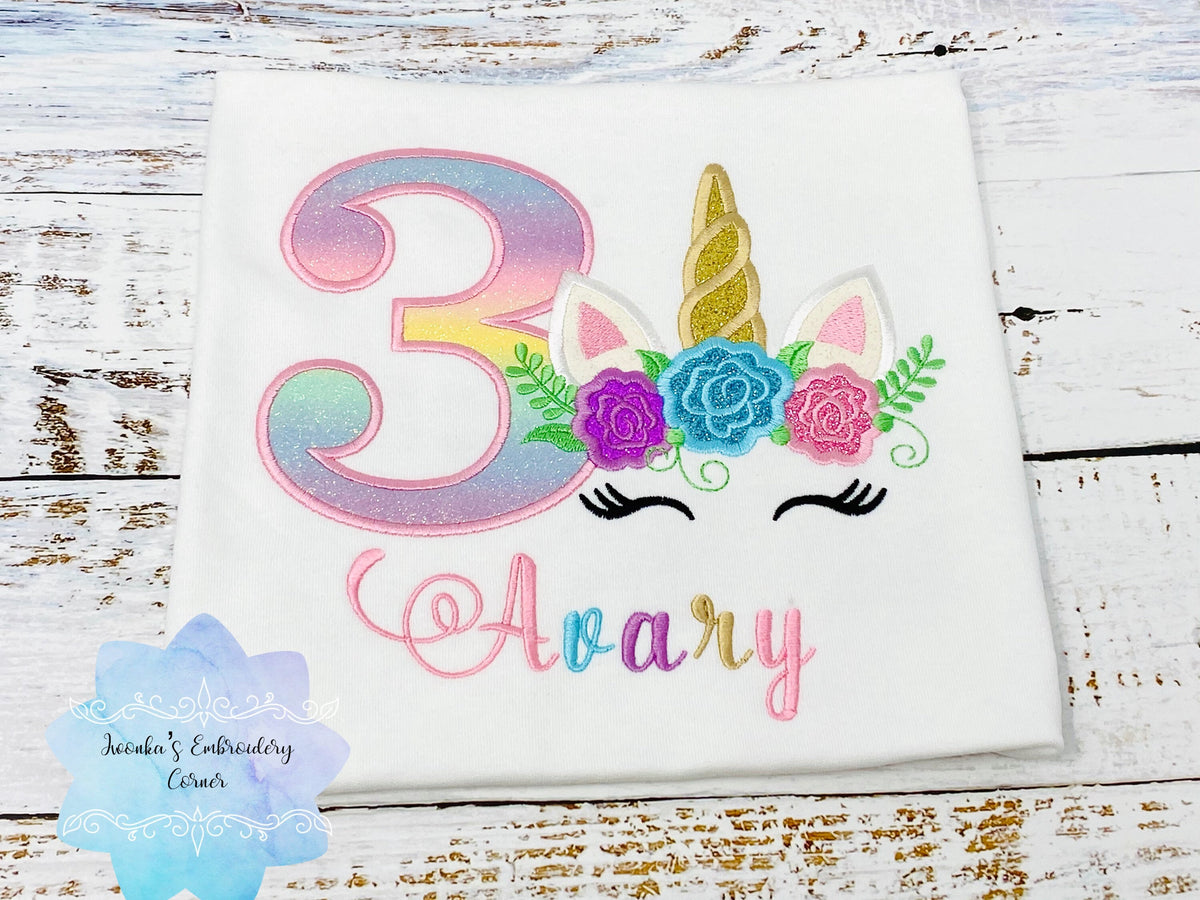 Girls birthday t-shirt with rainbow unicorn, Unicorn shirt for girls, Flower unicorn shirt, 3rd birthday unicorn t-shirt