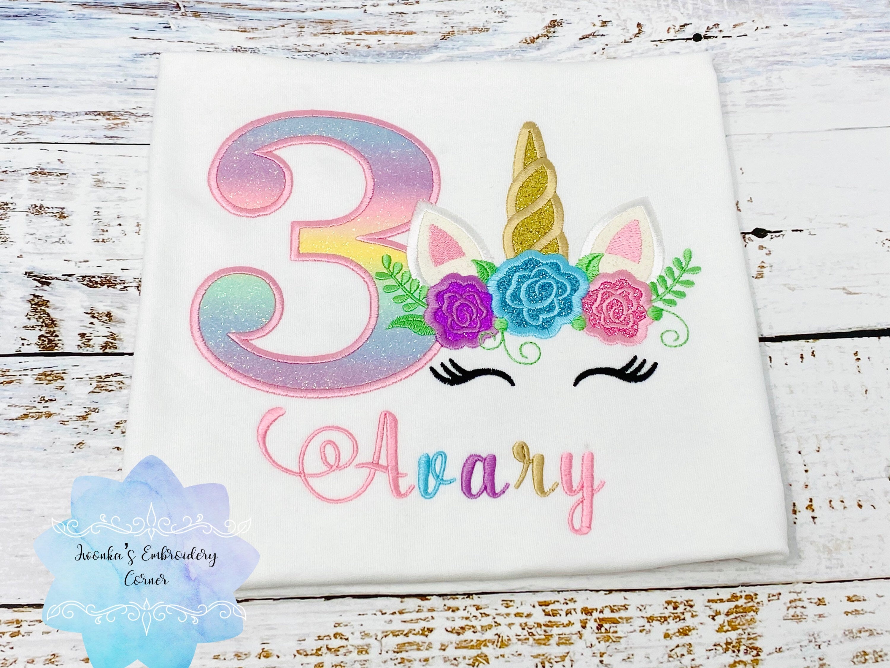 Girls birthday t-shirt with rainbow unicorn, Unicorn shirt for girls, Flower unicorn shirt, 3rd birthday unicorn t-shirt