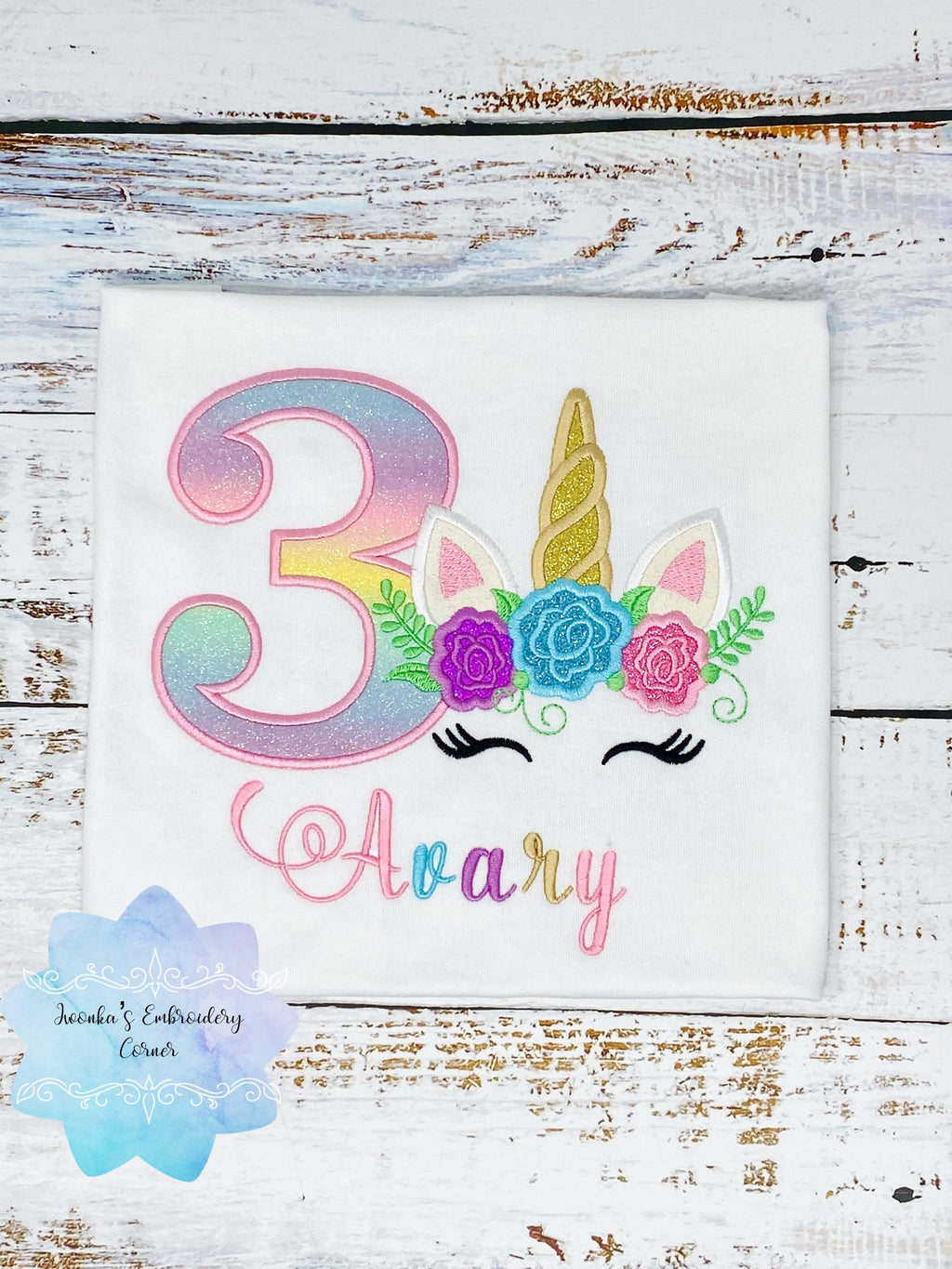 Girls birthday t-shirt with rainbow unicorn, Unicorn shirt for girls, Flower unicorn shirt, 3rd birthday unicorn t-shirt