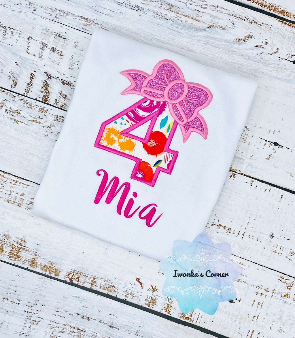 4th birthday shirt with bow, Floral birthday number with Pink bow