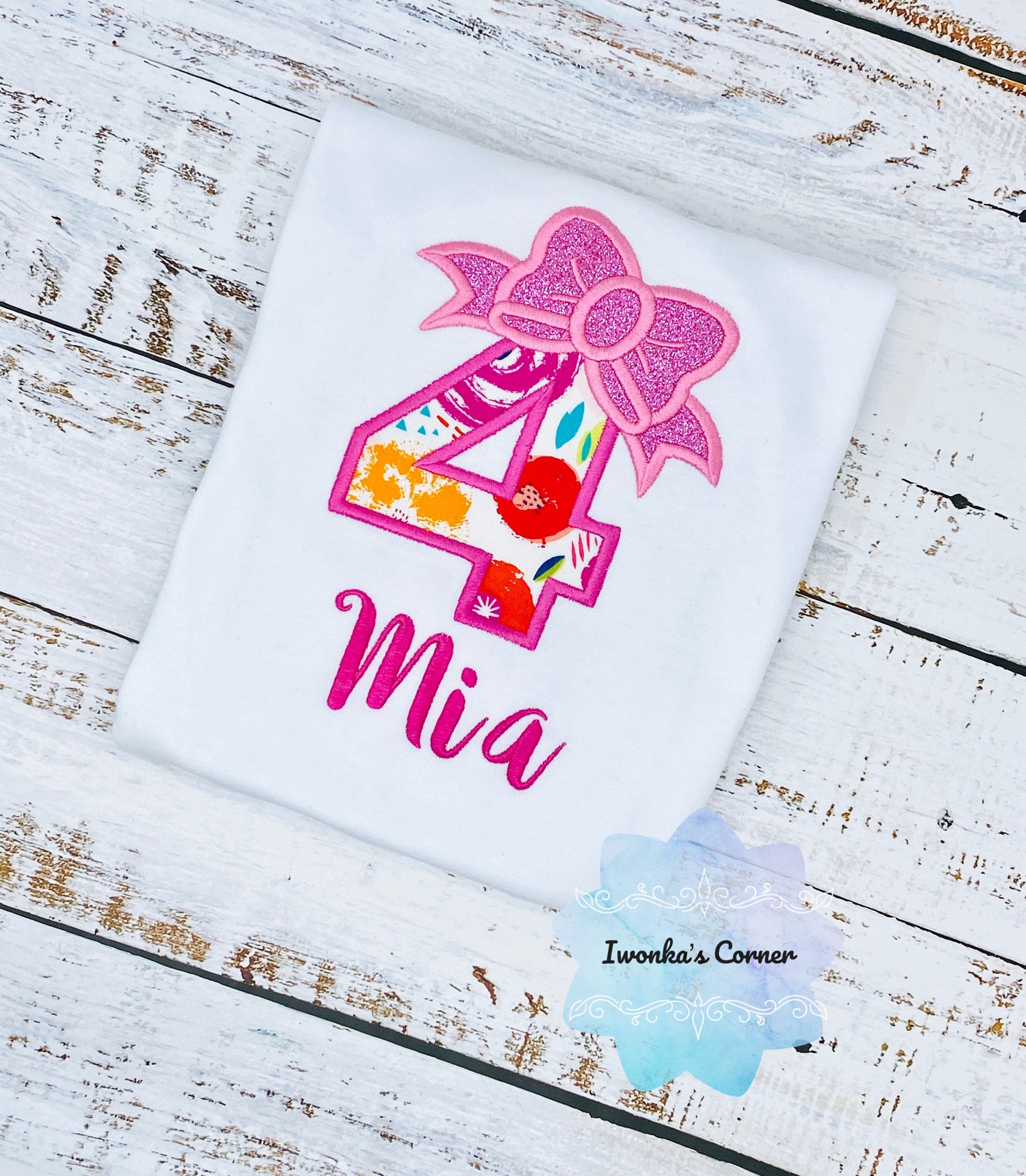 4th birthday shirt with bow, Floral birthday number with Pink bow