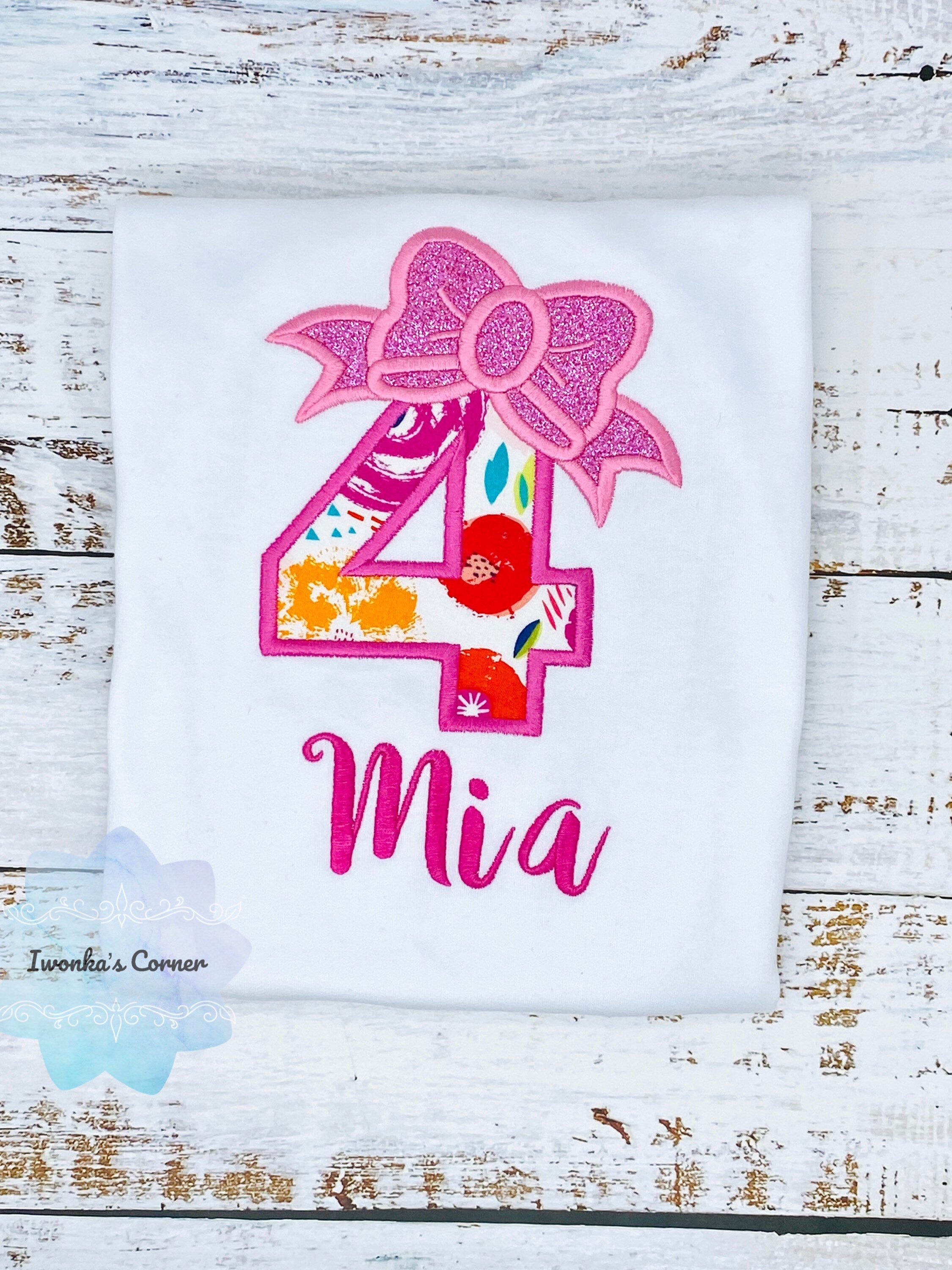 4th birthday shirt with bow, Floral birthday number with Pink bow