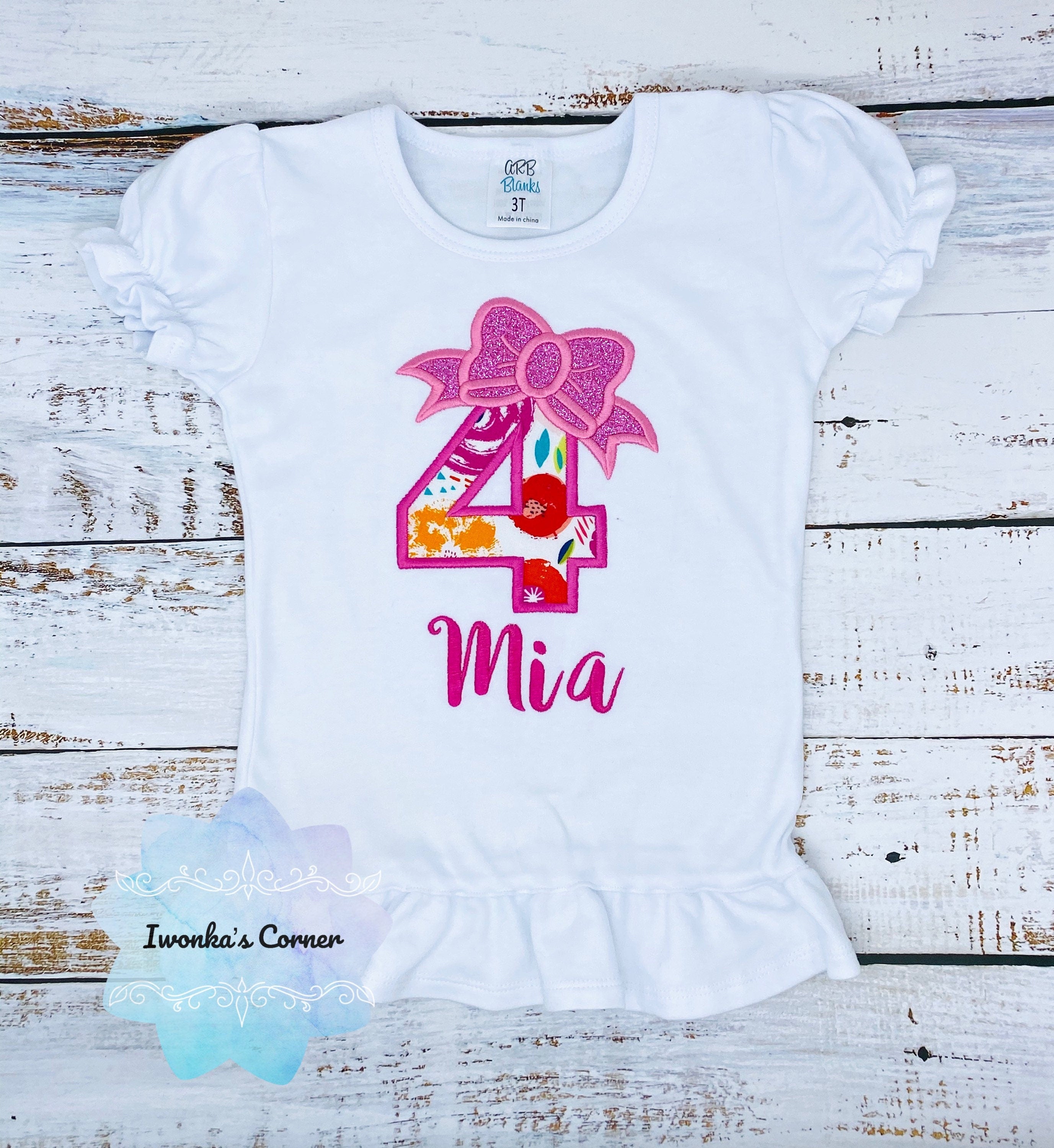 4th birthday shirt with bow, Floral birthday number with Pink bow