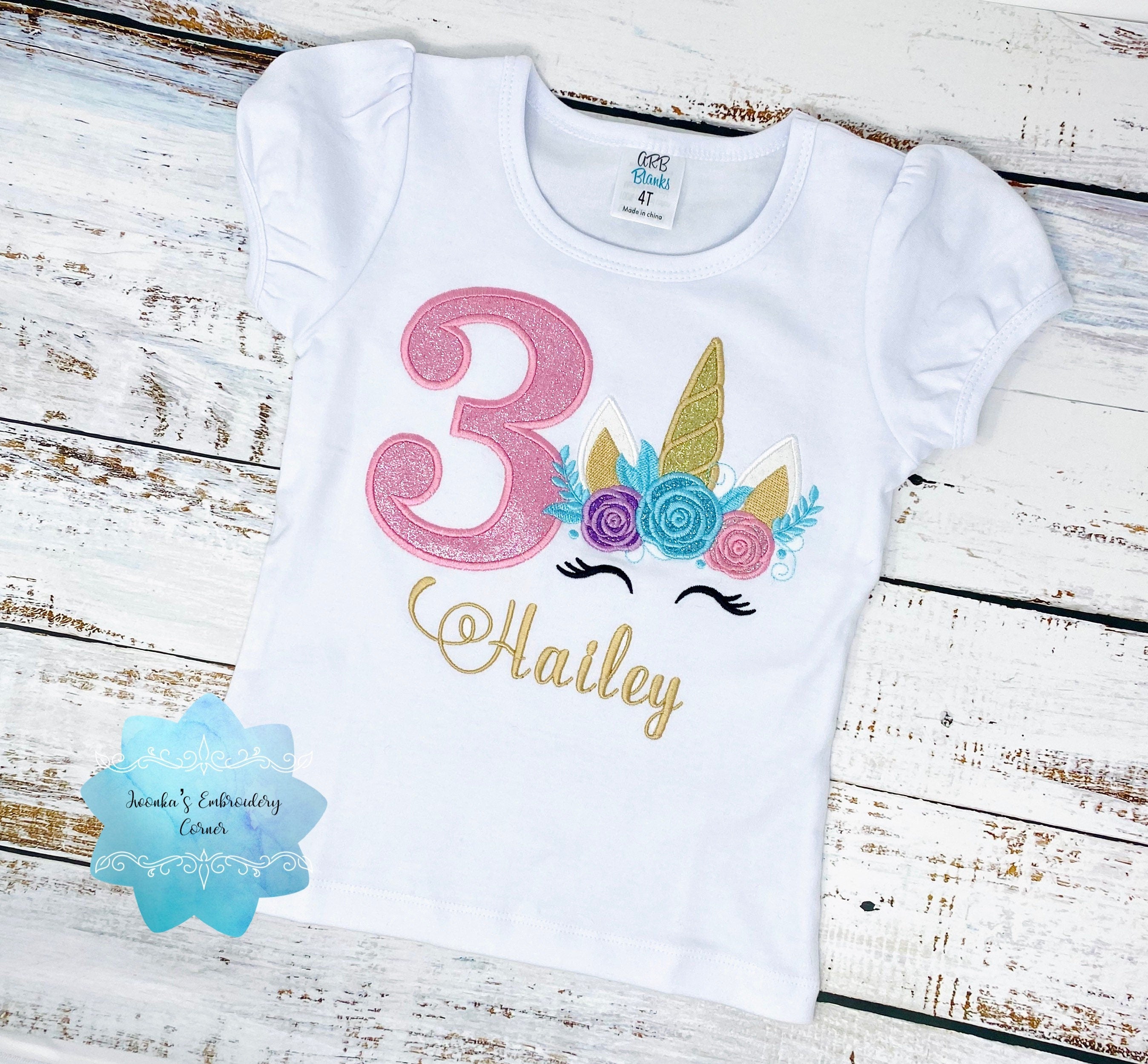 Unicorn shirt with glitter unicorn, Girls 3rd birthday shirt with unicorn, Uni bday shirt, Embroidery unicorn