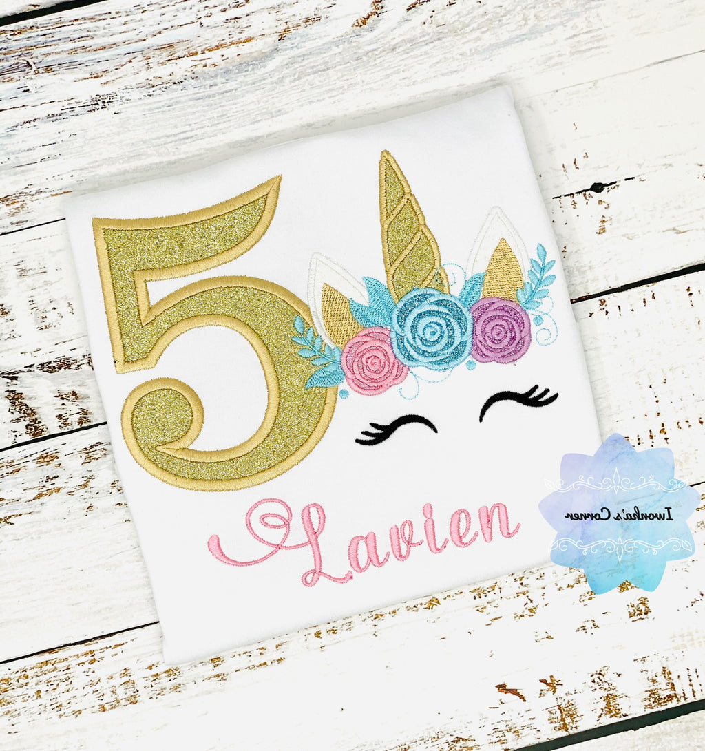 Unicorn birthday shirt, Unicorn shirt for girl, Flower unicorn shirt, Floral unicorn bday shirt, 5th birthday shirt for girl
