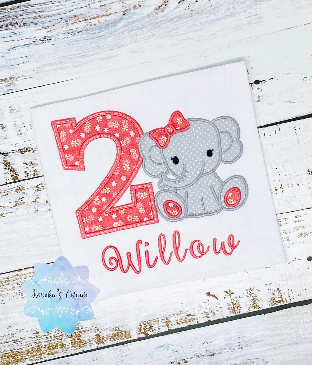 Girl birthday shirt with elephant, 2nd birthday girl grey elephant tee