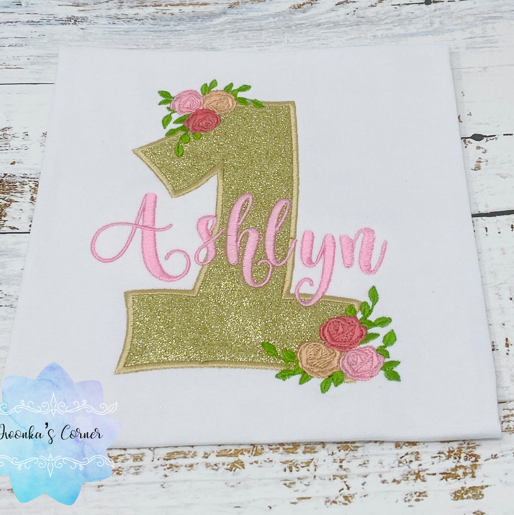 Golden birthday shirt, Gold glitter, Floral birthday shirt, Pastel Roses, First Birthday, Personalized applique shirt