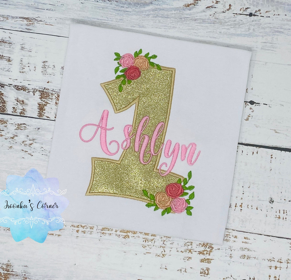 Golden birthday shirt, Gold glitter, Floral birthday shirt, Pastel Roses, First Birthday, Personalized applique shirt