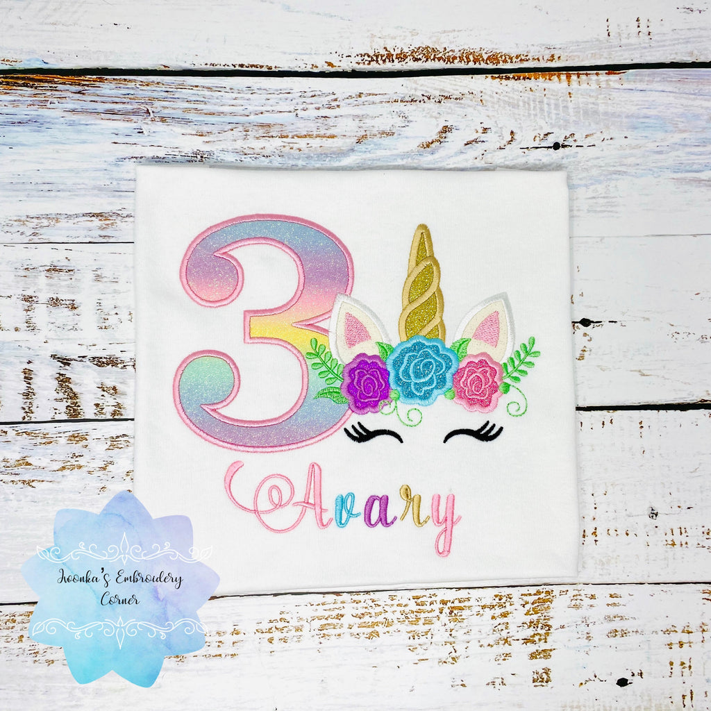 Girls birthday t-shirt with rainbow unicorn, Unicorn shirt for girls, Flower unicorn shirt, 3rd birthday unicorn t-shirt