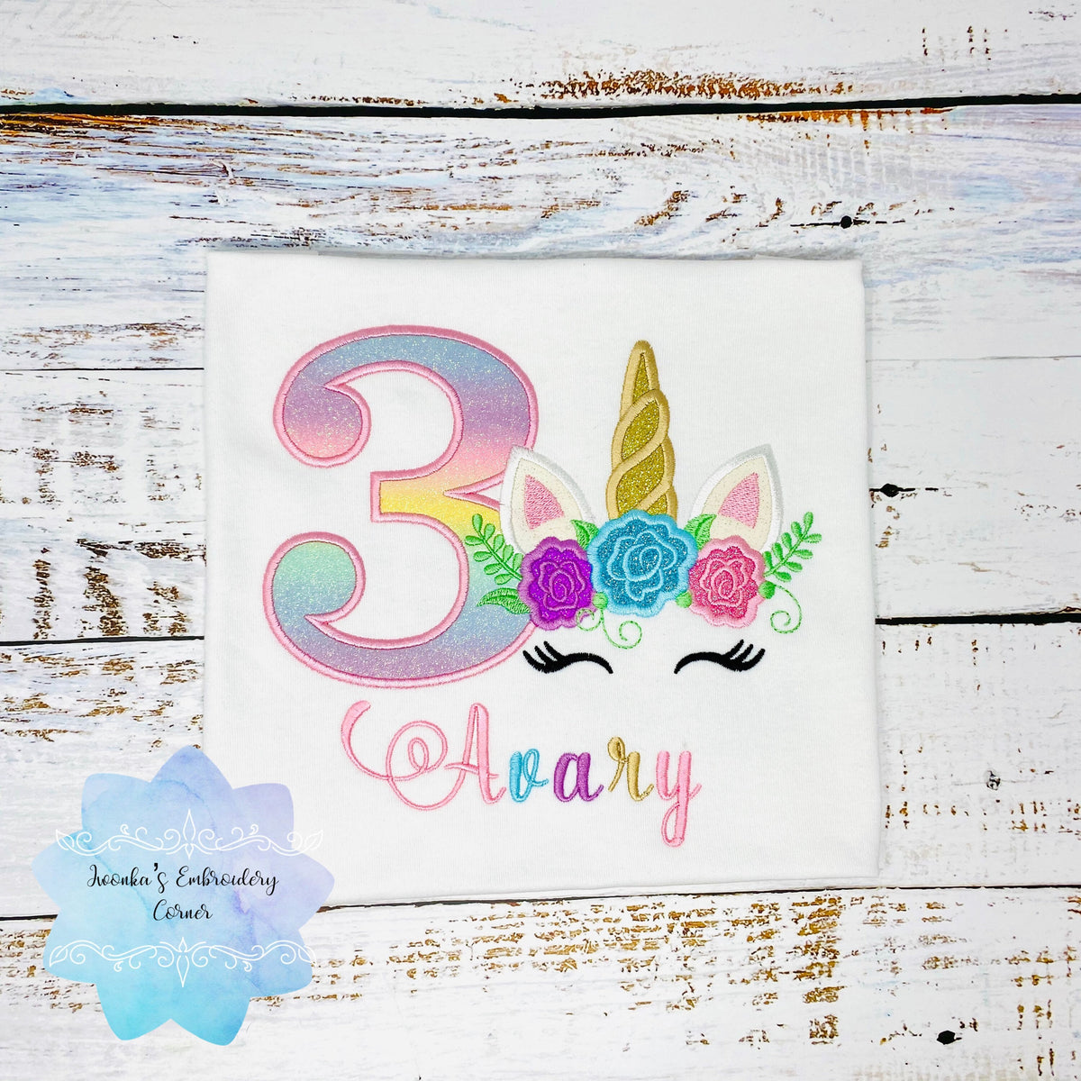 Girls birthday t-shirt with rainbow unicorn, Unicorn shirt for girls, Flower unicorn shirt, 3rd birthday unicorn t-shirt