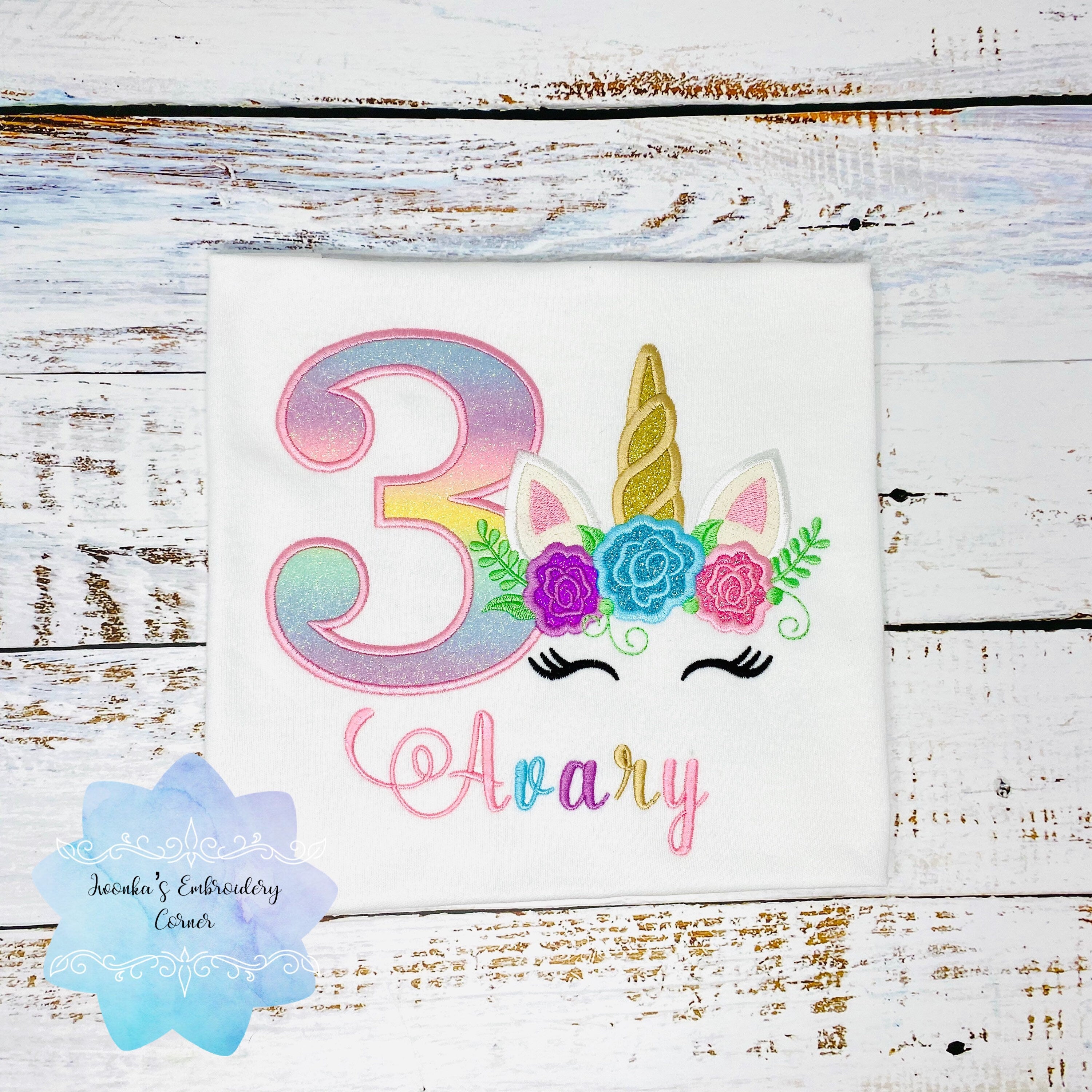 Girls birthday t-shirt with rainbow unicorn, Unicorn shirt for girls, Flower unicorn shirt, 3rd birthday unicorn t-shirt
