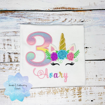 Girls birthday t-shirt with rainbow unicorn, Unicorn shirt for girls, Flower unicorn shirt, 3rd birthday unicorn t-shirt