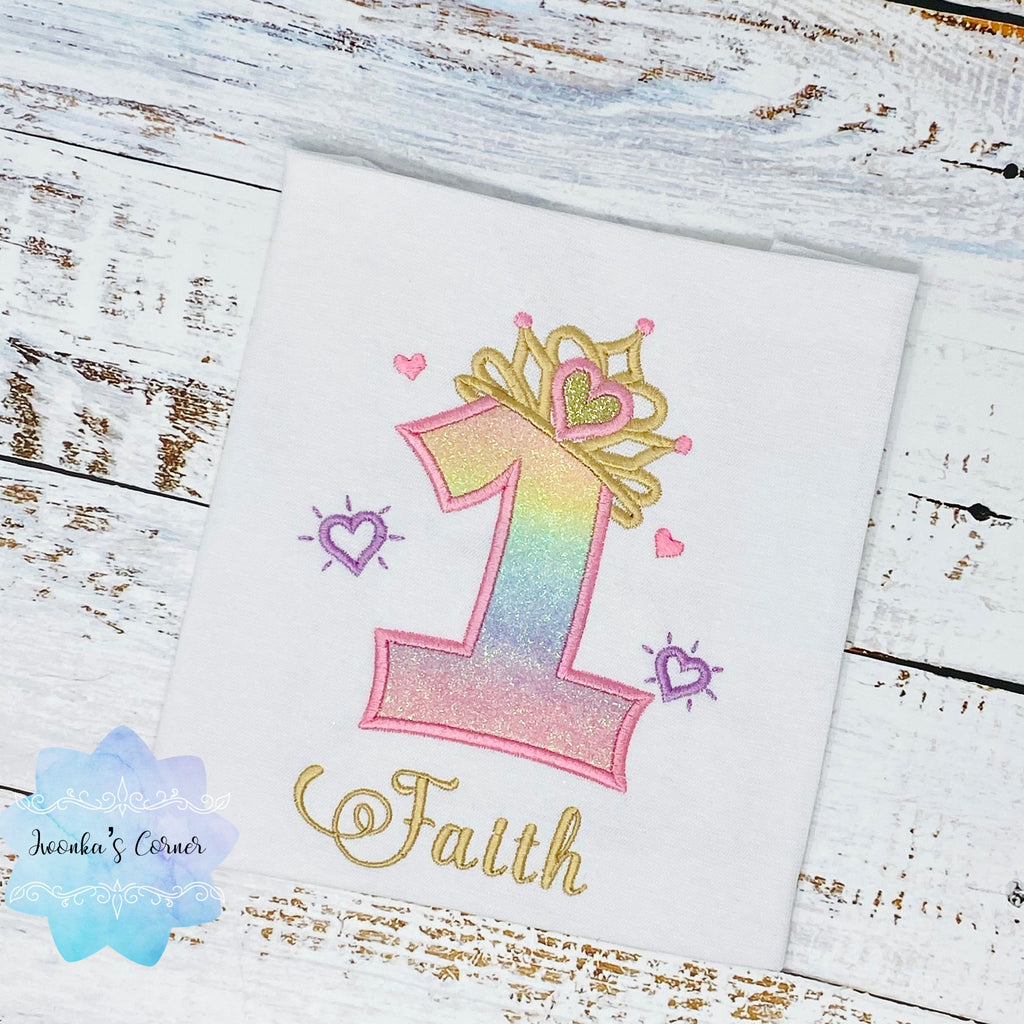 Girls 1st princess birthday shirt, Embroidery applique princess tiara shirt