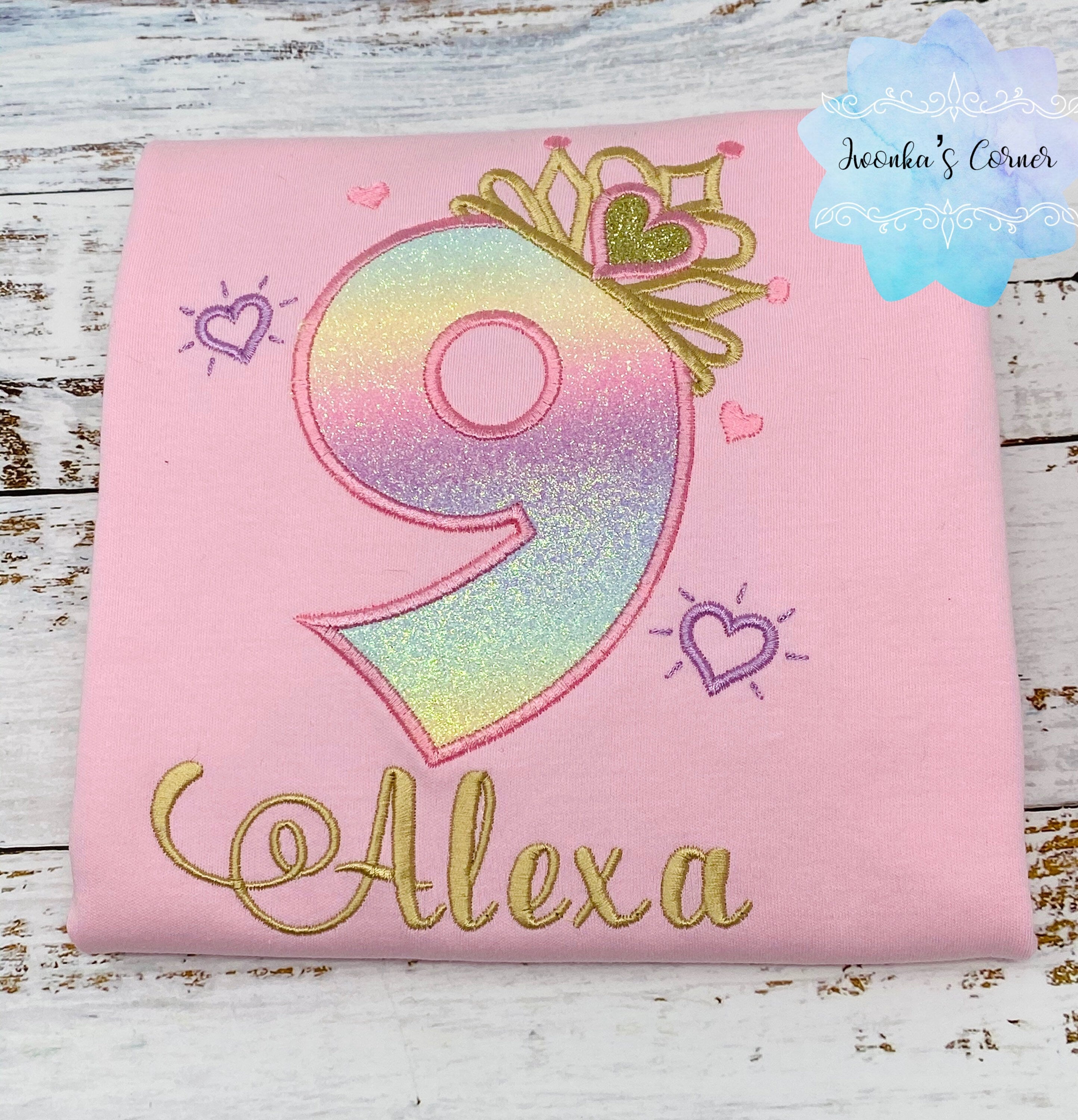9th birthday girl shirt with rainbow number and gold tiara