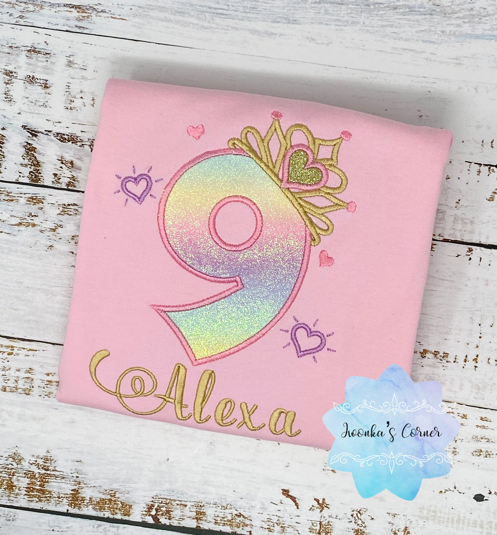 9th birthday girl shirt with rainbow number and gold tiara