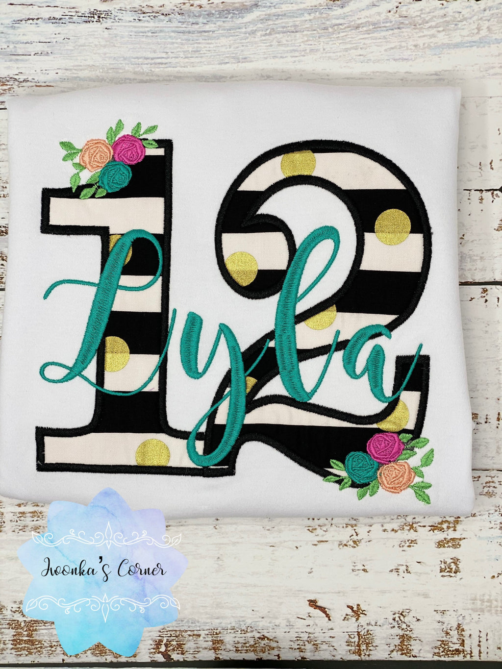 Girl 12th Floral Birthday Shirt, Flowers Stripes, Roses - Black Pink Gold, Polka Dots Glitter, Floral Turquoise Lettering Name