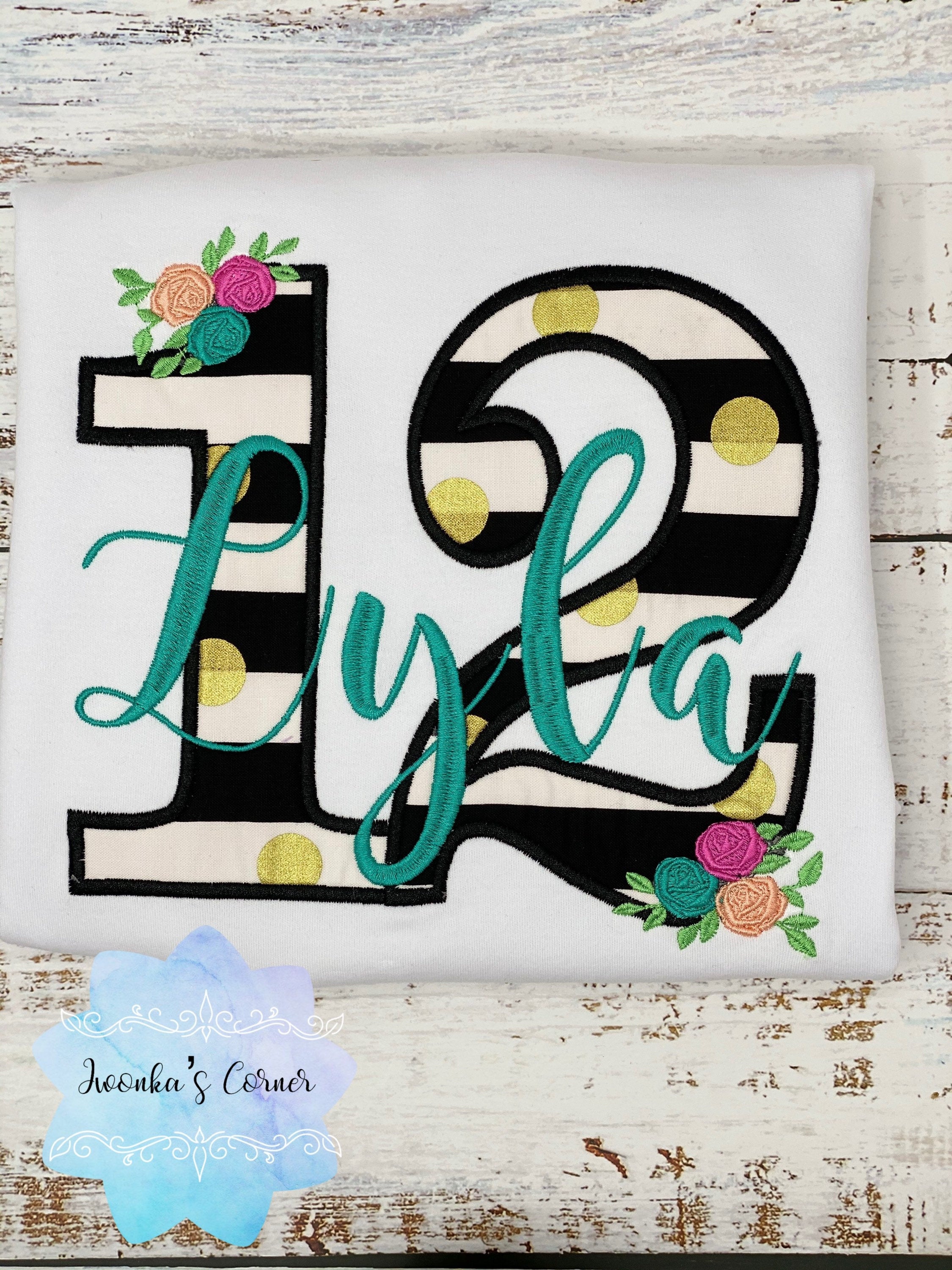 Girl 12th Floral Birthday Shirt, Flowers Stripes, Roses - Black Pink Gold, Polka Dots Glitter, Floral Turquoise Lettering Name