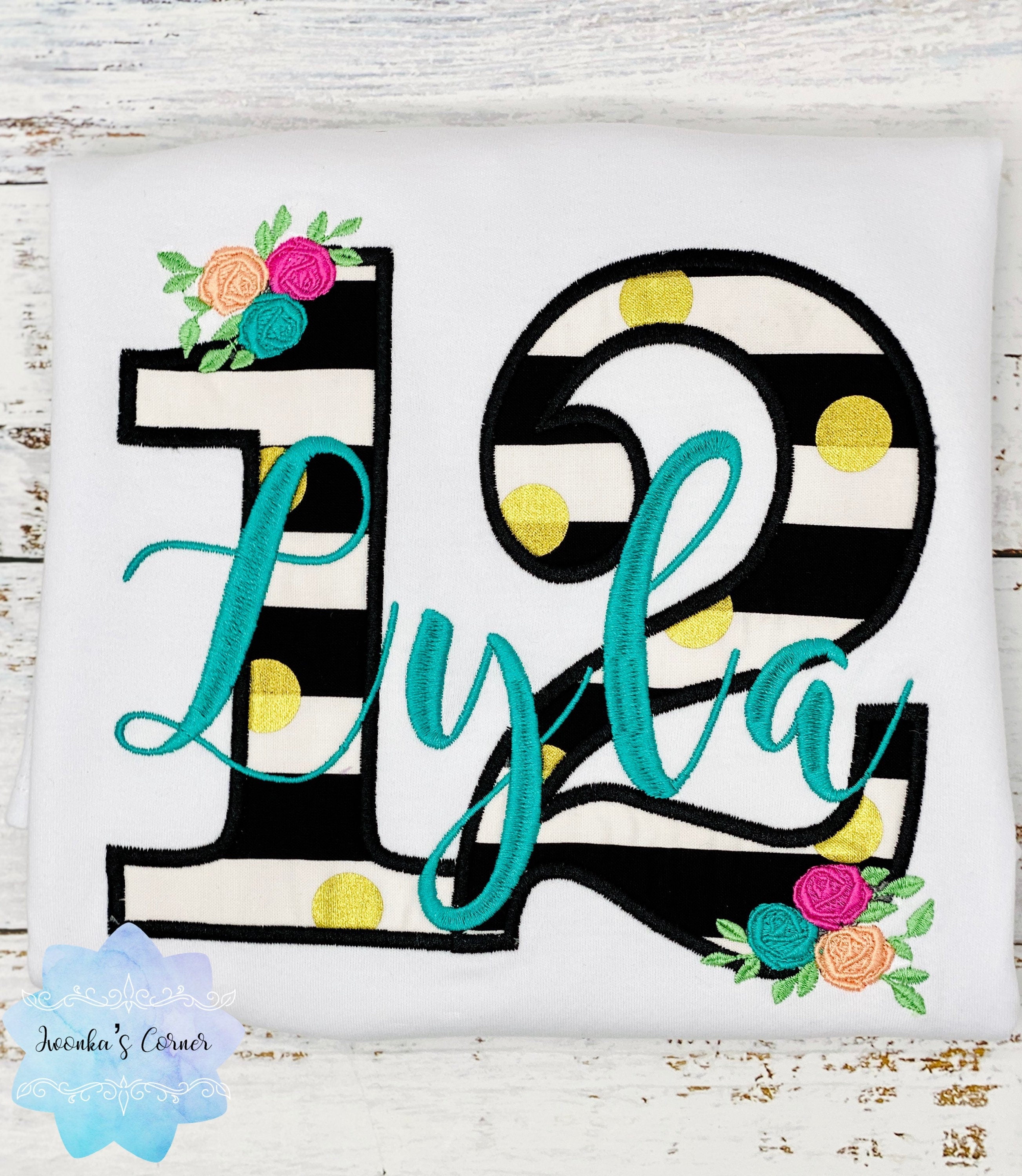 Girl 12th Floral Birthday Shirt, Flowers Stripes, Roses - Black Pink Gold, Polka Dots Glitter, Floral Turquoise Lettering Name
