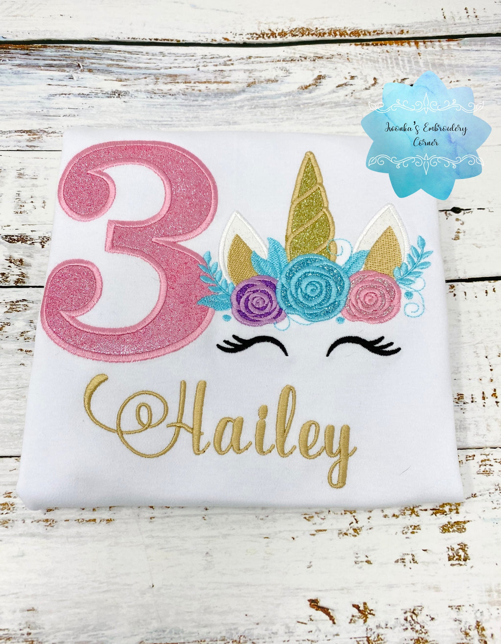 Unicorn shirt with glitter unicorn, Girls 3rd birthday shirt with unicorn, Uni bday shirt, Embroidery unicorn