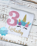 Unicorn shirt with glitter unicorn, Girls 3rd birthday shirt with unicorn, Uni bday shirt, Embroidery unicorn