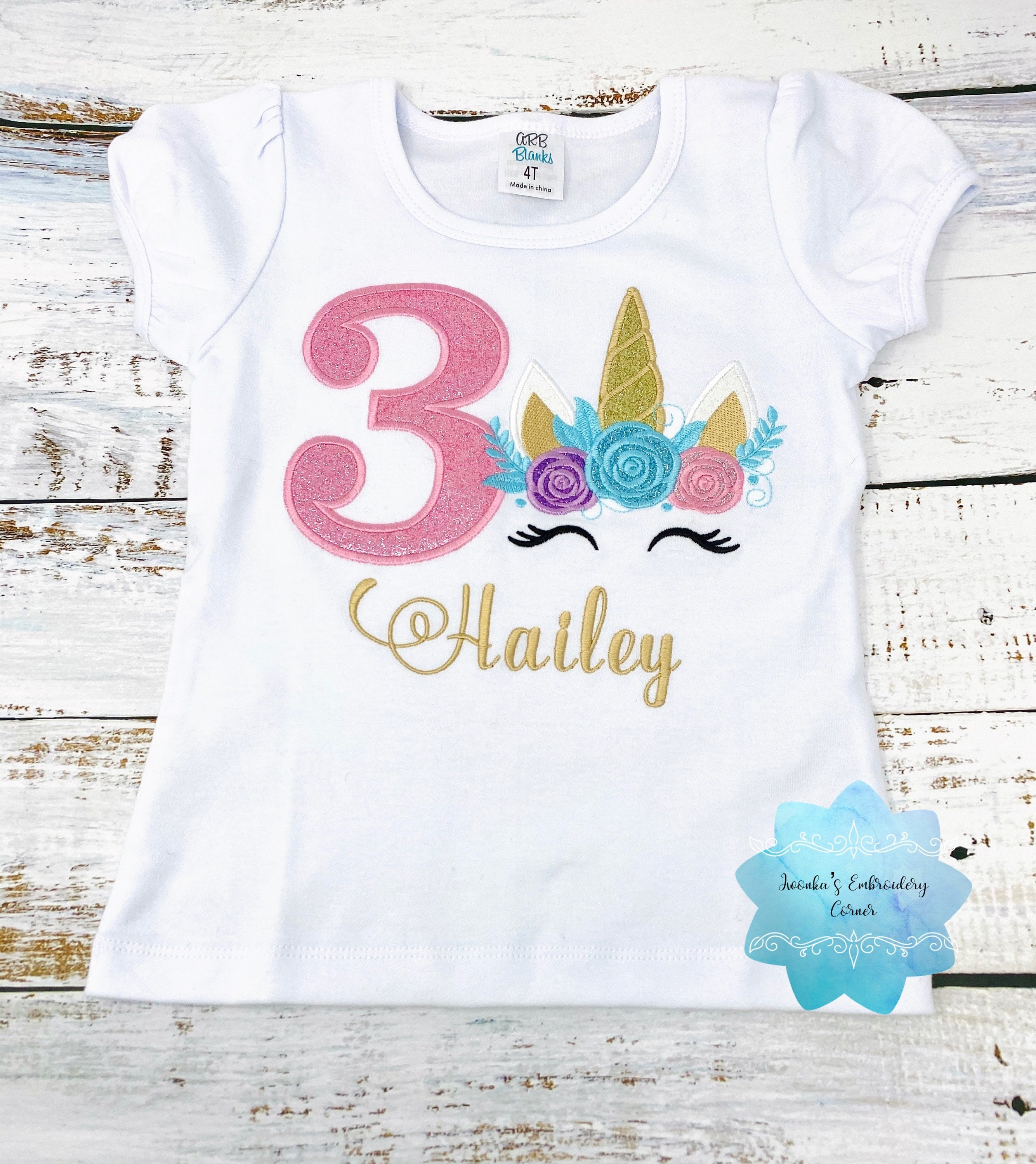 Unicorn shirt with glitter unicorn, Girls 3rd birthday shirt with unicorn, Uni bday shirt, Embroidery unicorn