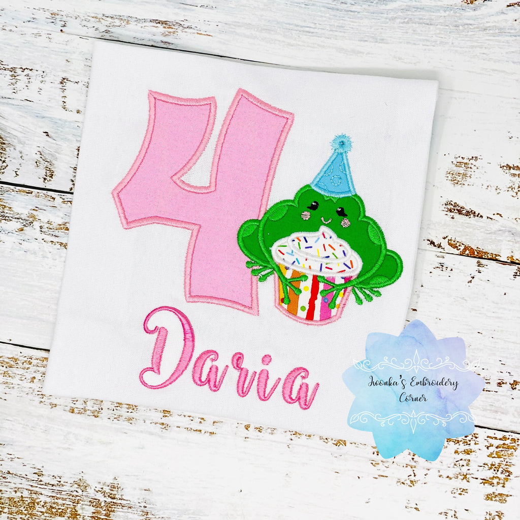 Girls birthday shirt with Frog, Shirt with Lipping Green frog