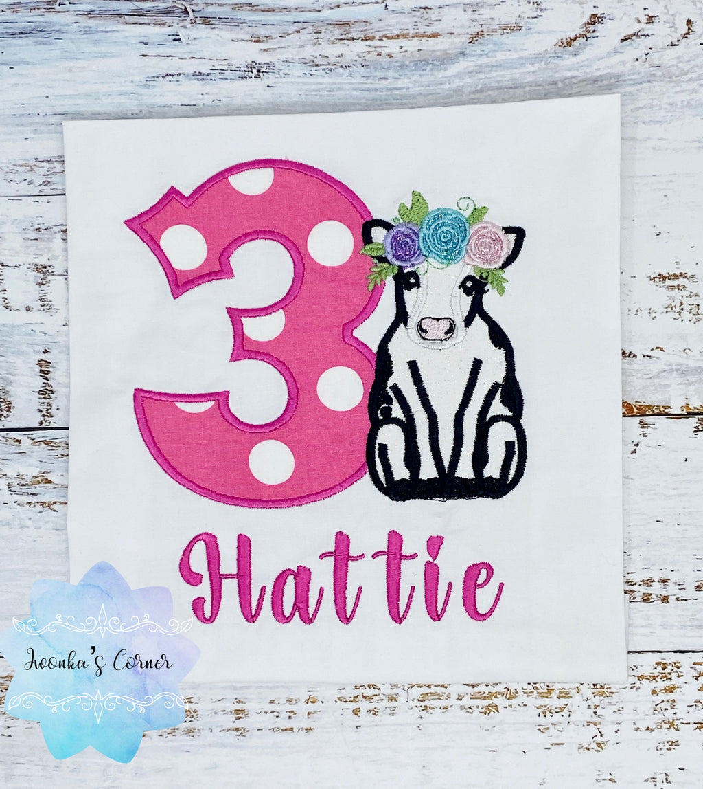 Girl birthday shirt with black and white cow, Girl embroidery birthday outfit with cute baby cow, Girls 3rd, 4th, 5th birthday shirt