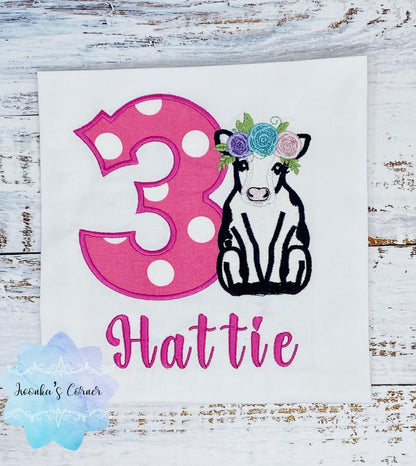 Girl birthday shirt with black and white cow, Girl embroidery birthday outfit with cute baby cow, Girls 3rd, 4th, 5th birthday shirt