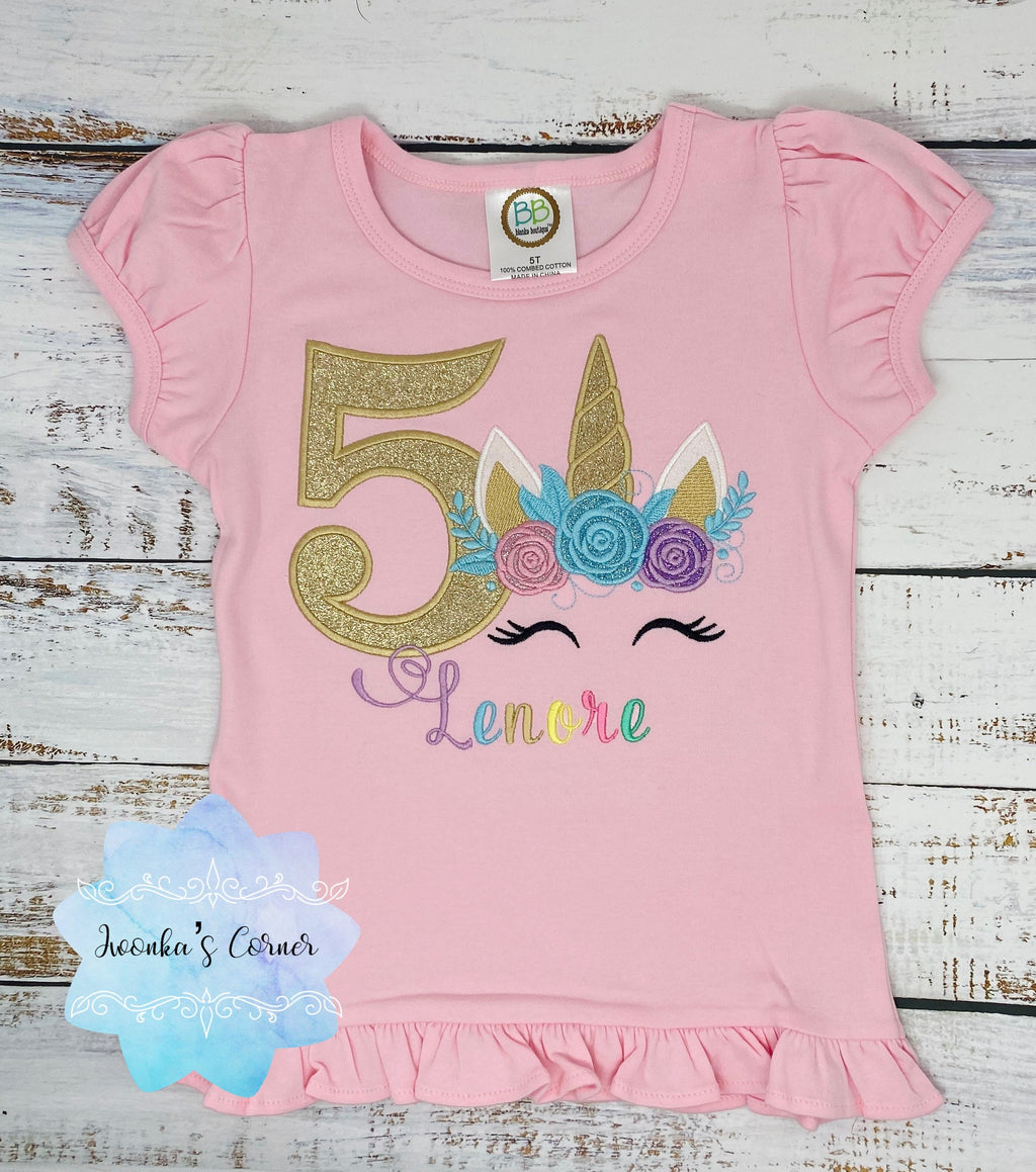Girl unicorn birthday shirt, 5th birthday party outfit, Unicorn party