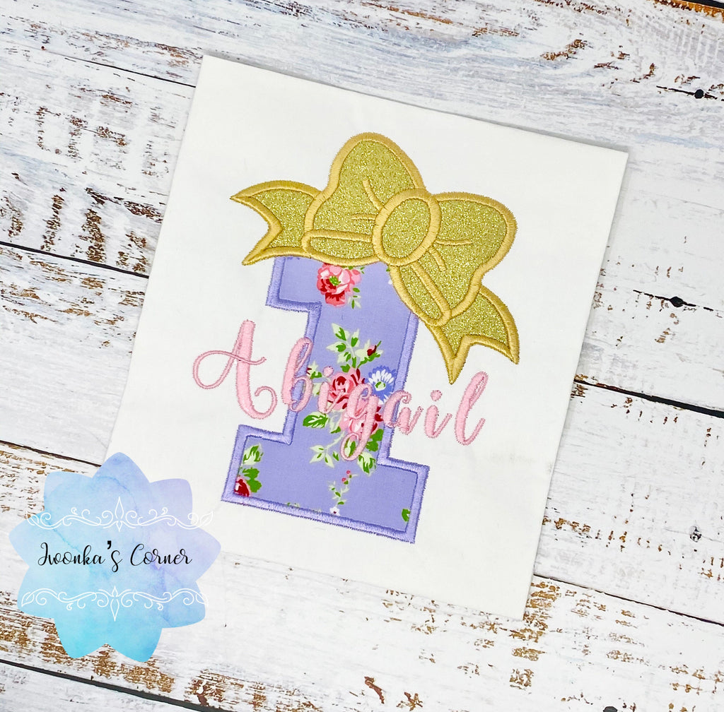 Girl purple Floral birthday shirt with gold bow