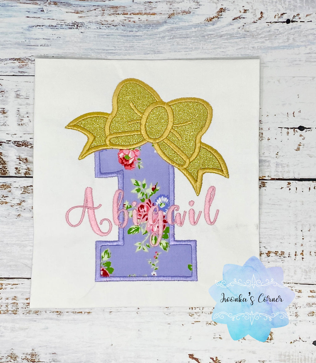 Girl purple Floral birthday shirt with gold bow