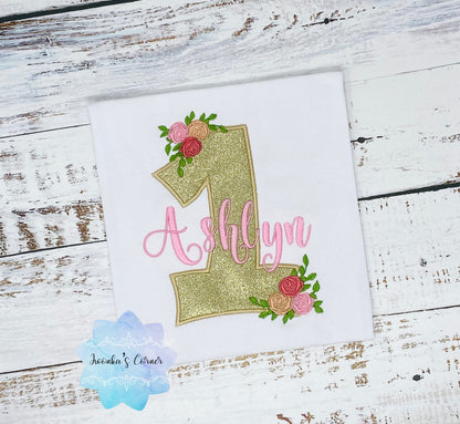 Golden birthday shirt, Gold glitter, Floral birthday shirt, Pastel Roses, First Birthday, Personalized applique shirt