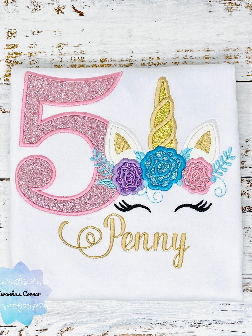 Birthday shirt with sparkly pink unicorn, Unicorn birthday outfit for 2nd birthday, Cute unicorn embroidery shirt, Unicorn 5th birthday