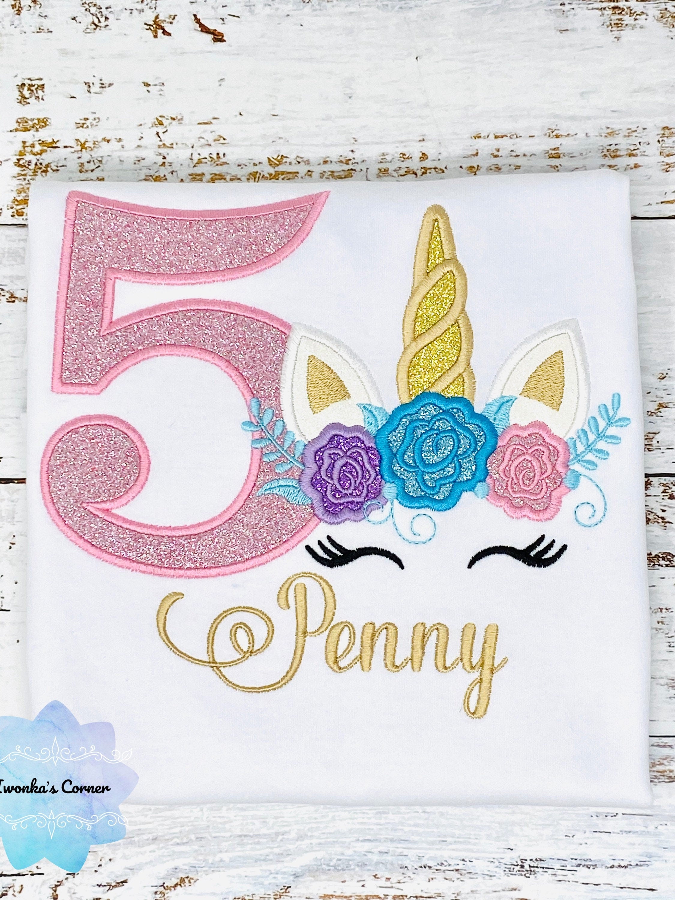 Birthday shirt with sparkly pink unicorn, Unicorn birthday outfit for 2nd birthday, Cute unicorn embroidery shirt, Unicorn 5th birthday