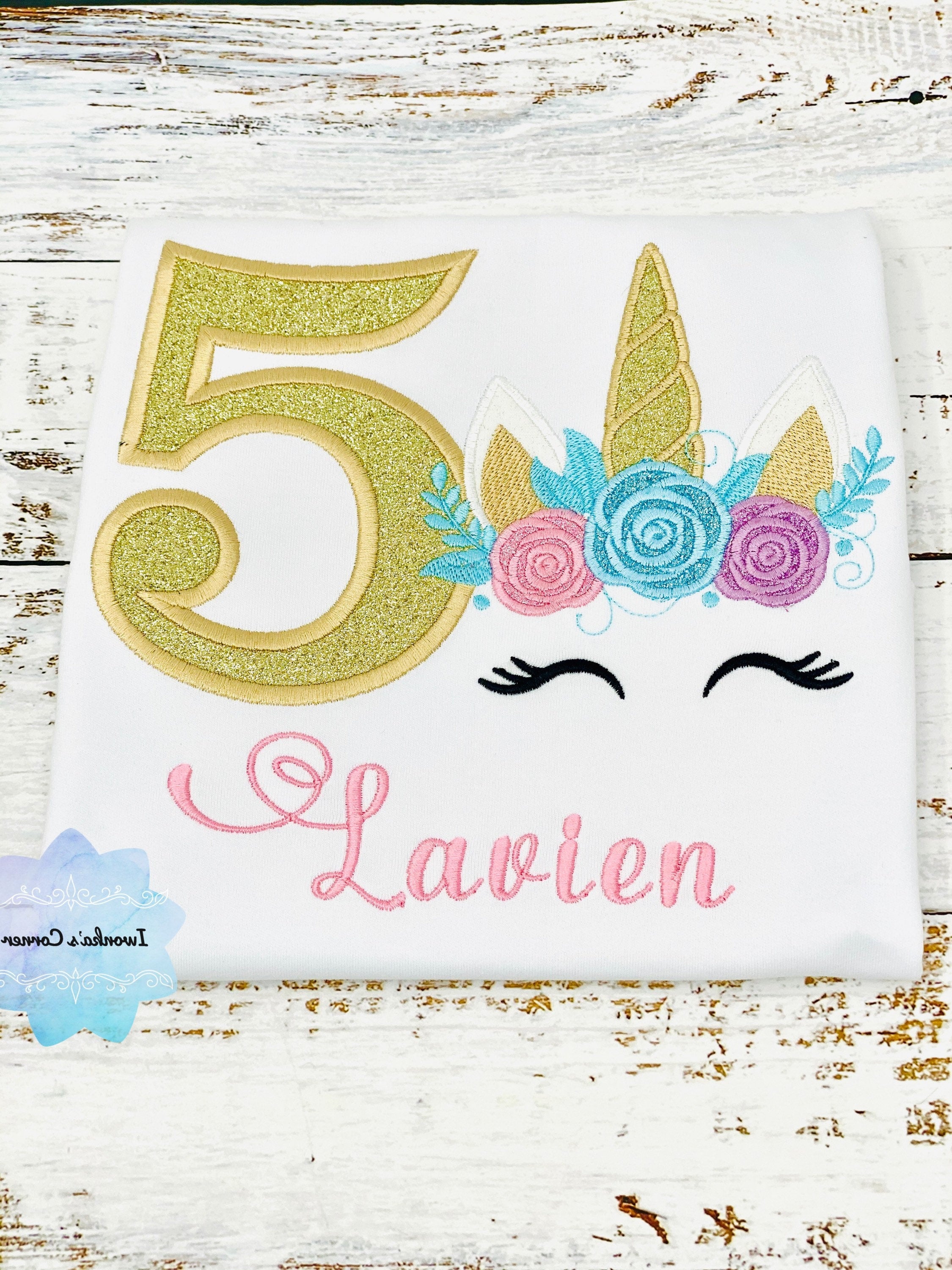 Birthday shirt with sparkly pink unicorn, Unicorn birthday outfit for 2nd birthday, Cute unicorn embroidery shirt, Unicorn 5th birthday
