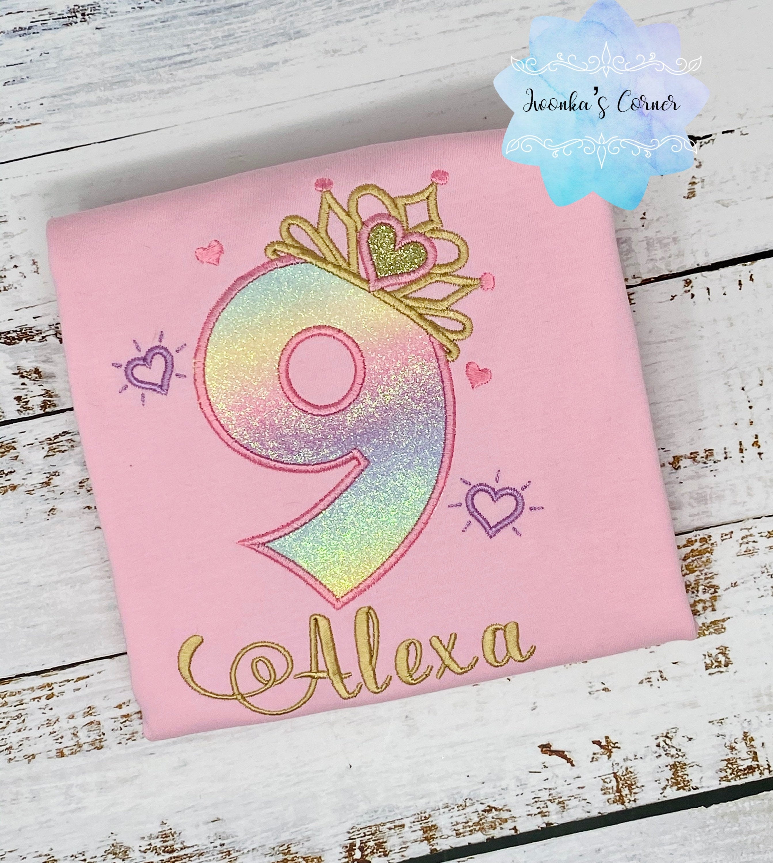 9th birthday girl shirt with rainbow number and gold tiara