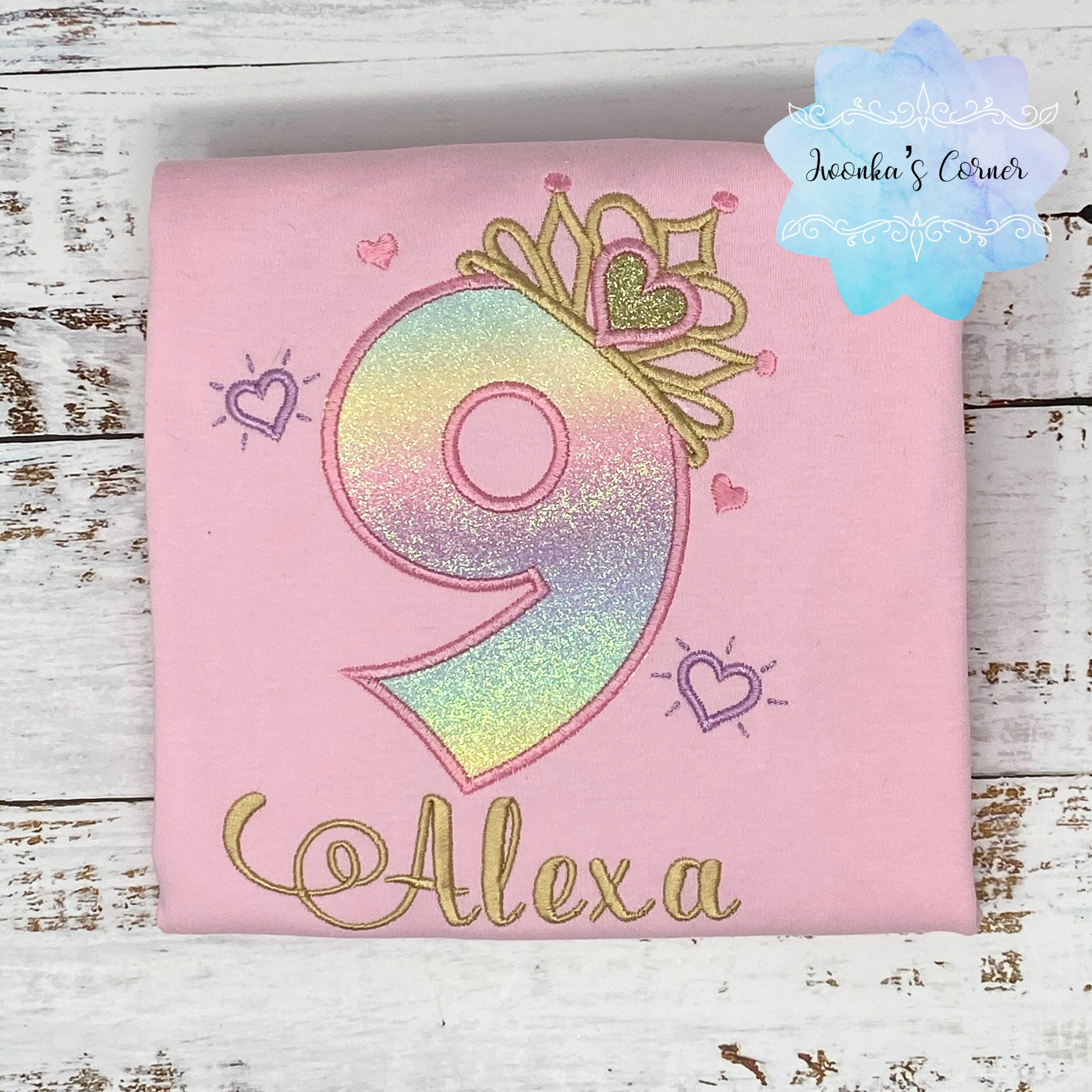 9th birthday girl shirt with rainbow number and gold tiara