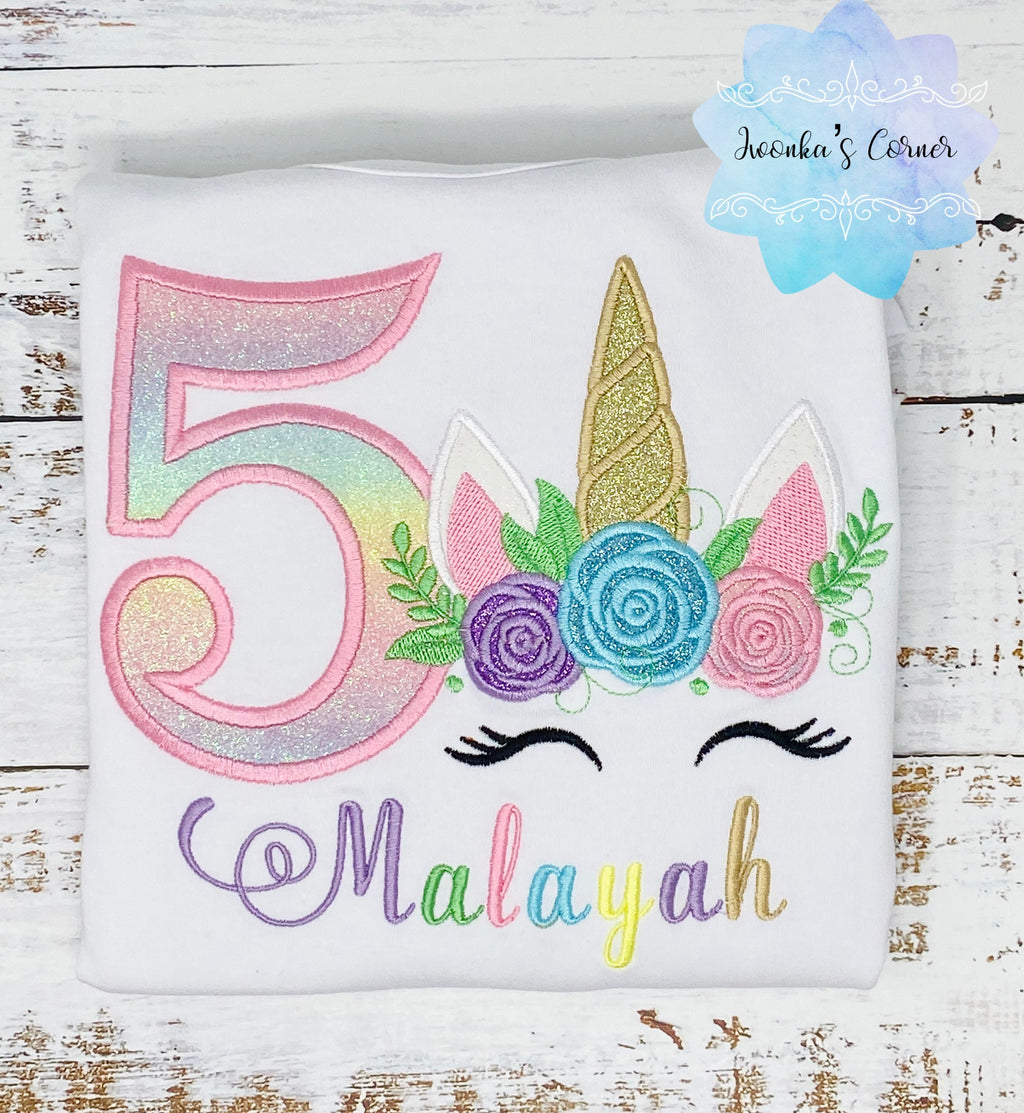 Girl birthday shirt with floral crown unicorn, Embroidery unicorn shirt, 5th birthday unicorn shirt for a girl, Fifth birthday shirt