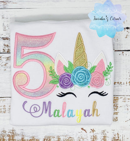 Girl birthday shirt with floral crown unicorn, Embroidery unicorn shirt, 5th birthday unicorn shirt for a girl, Fifth birthday shirt