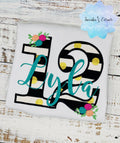 Girl 12th Floral Birthday Shirt, Flowers Stripes, Roses - Black Pink Gold, Polka Dots Glitter, Floral Turquoise Lettering Name