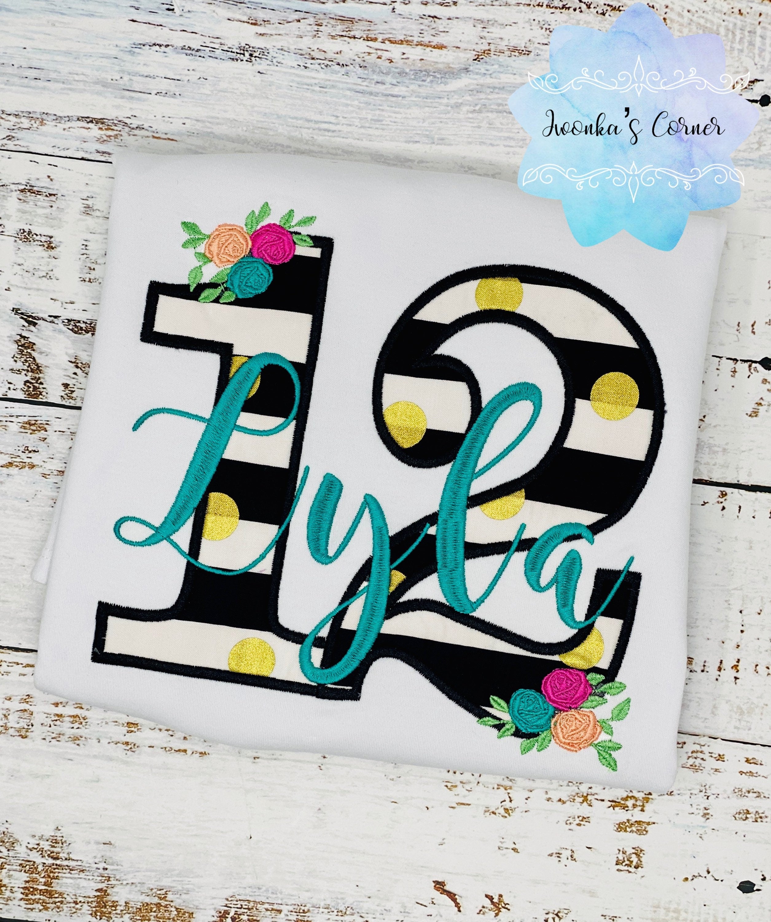 Girl 12th Floral Birthday Shirt, Flowers Stripes, Roses - Black Pink Gold, Polka Dots Glitter, Floral Turquoise Lettering Name
