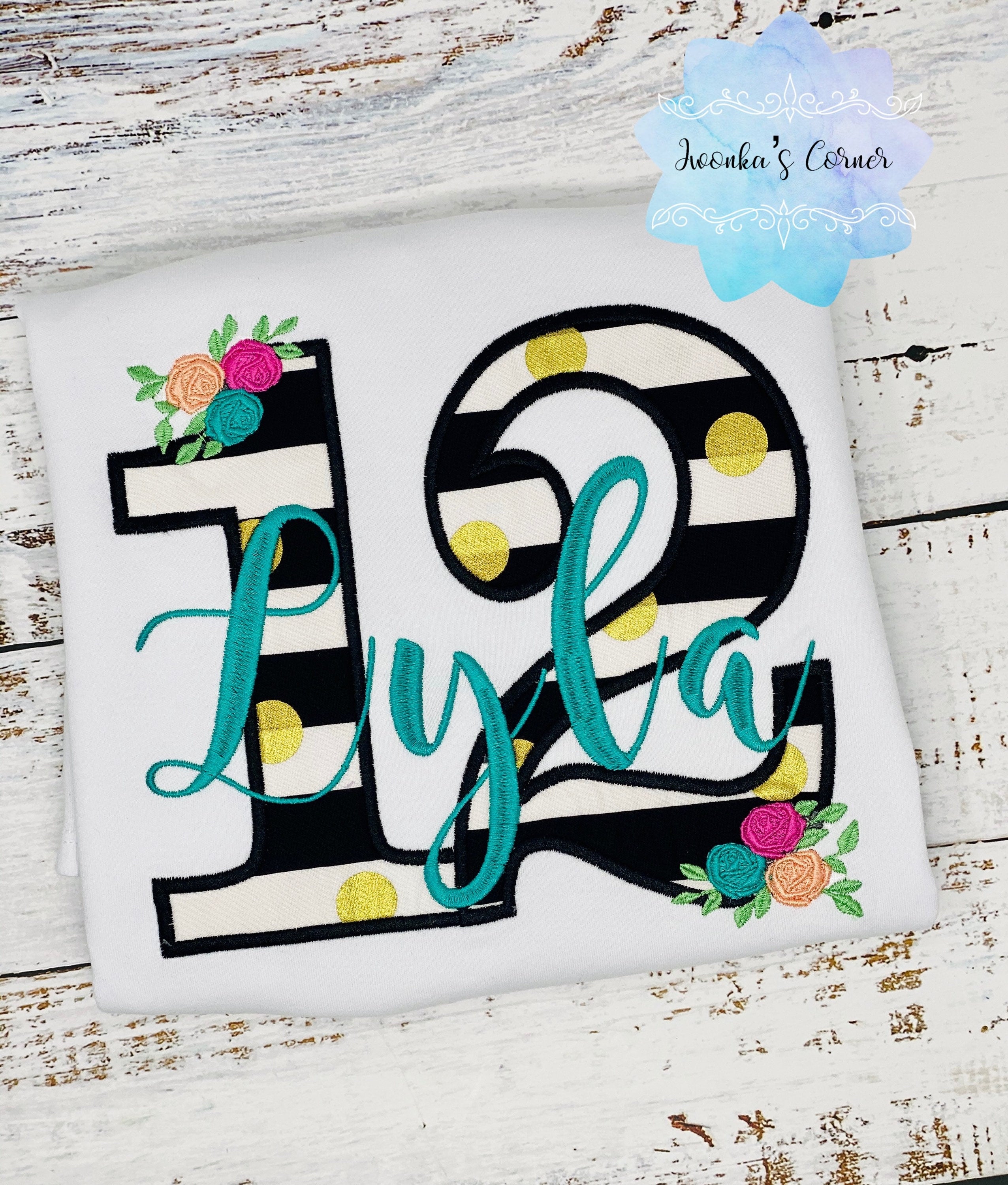 Girl 12th Floral Birthday Shirt, Flowers Stripes, Roses - Black Pink Gold, Polka Dots Glitter, Floral Turquoise Lettering Name