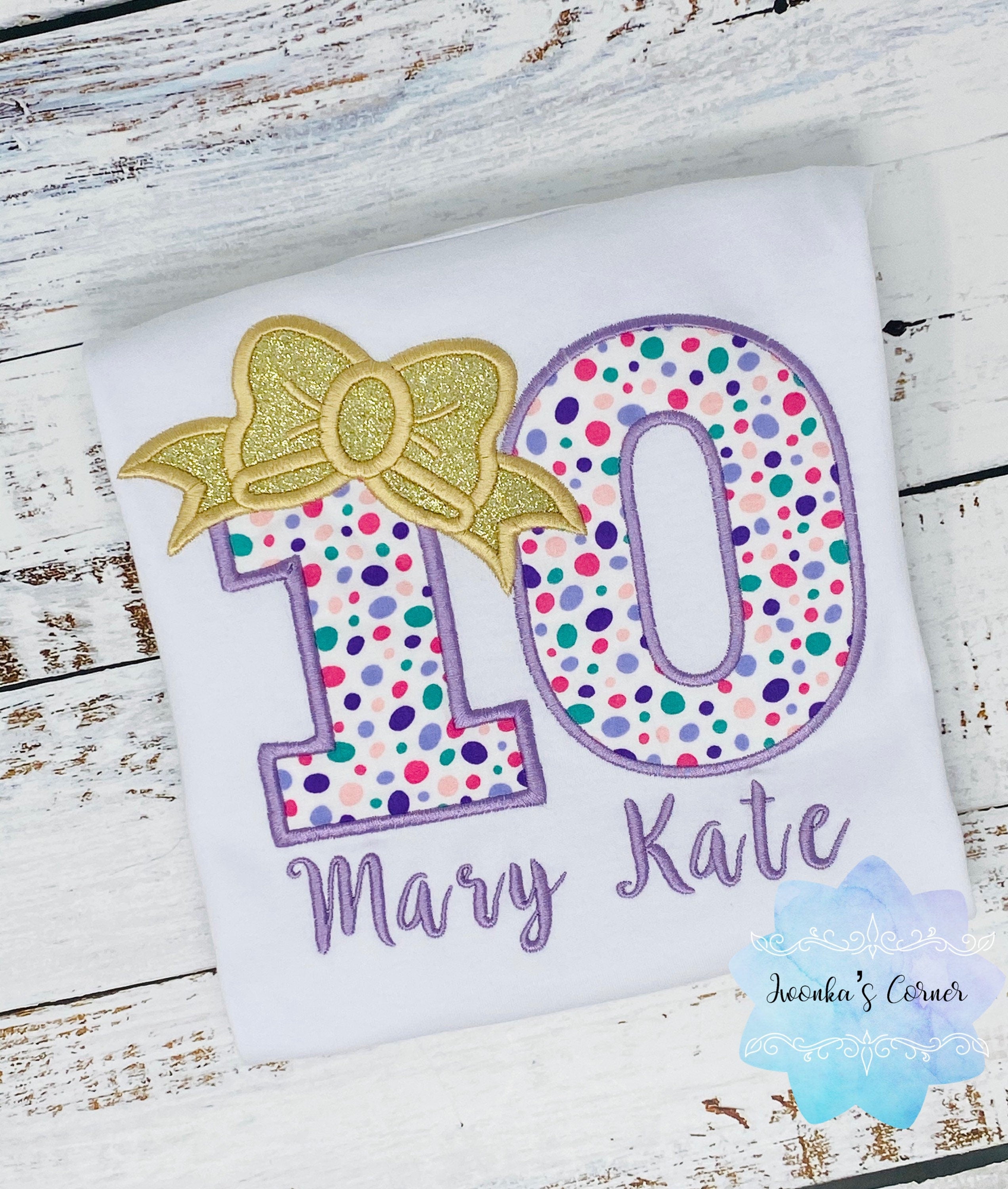 Girl polka dot birthday shirt, 10th birthday t-shirt, Embroidery applique shirt